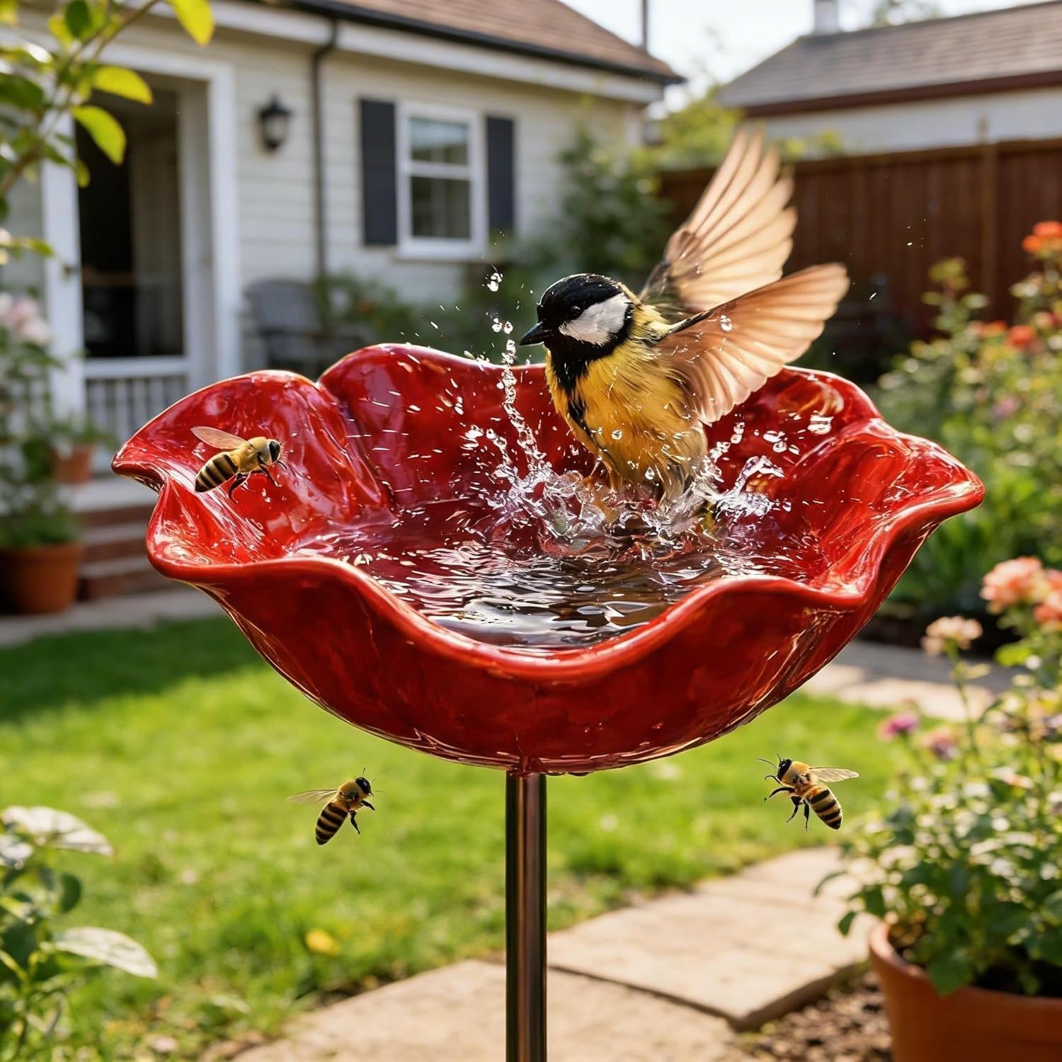 Flower Bird Feeder with Metal Garden Stake, Handmade Bee Watering Station, Outdoor Bird Bath Bowl for Bee Butterfly Wild Birds, Garden Patio Yard Lawn Decor