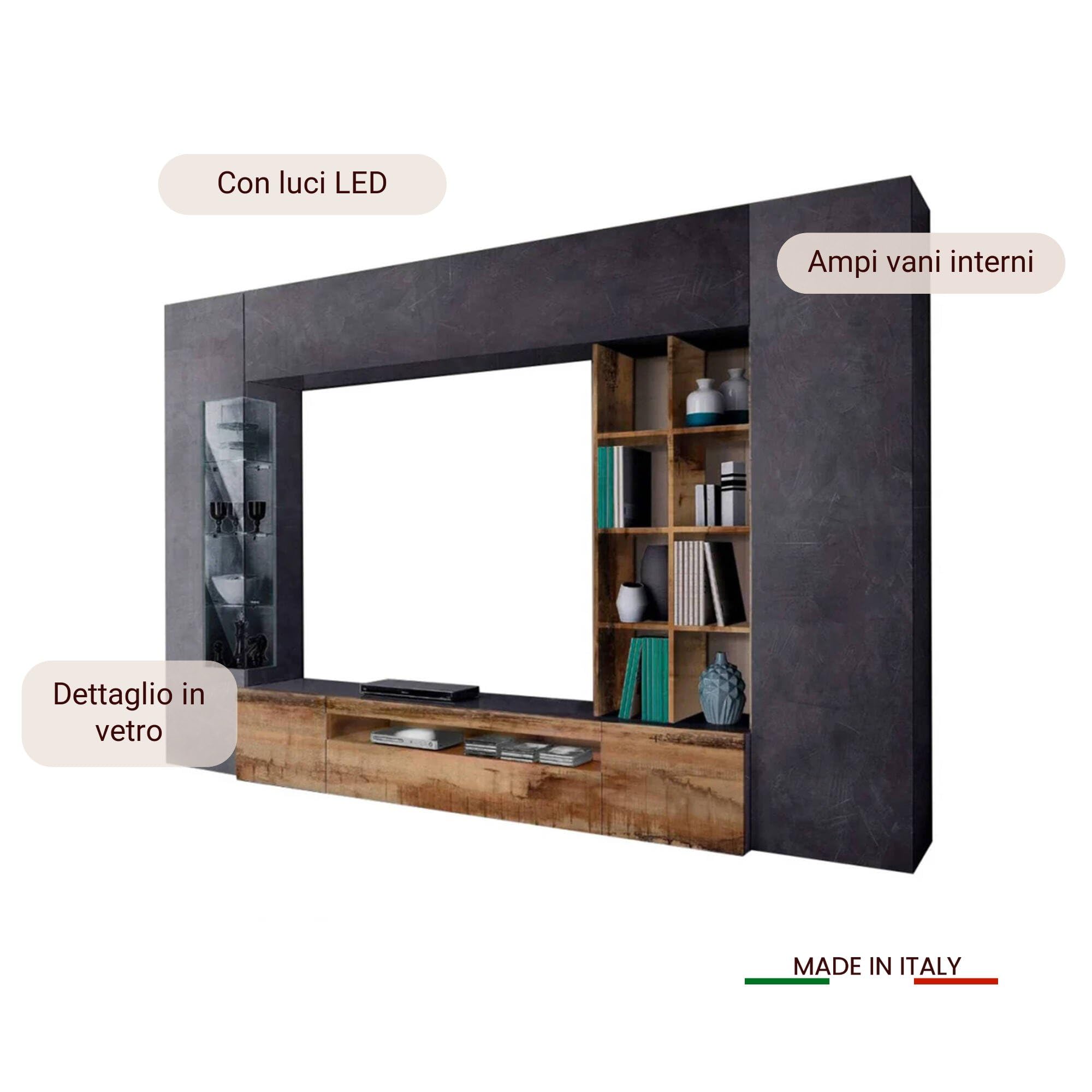 Dmora Parete Attrezzata Ocean 40x290x192h cm Grigio Ardesia 20 Ripiani 6 Ante, Apertura Battente e a Ribalta Made in Italy