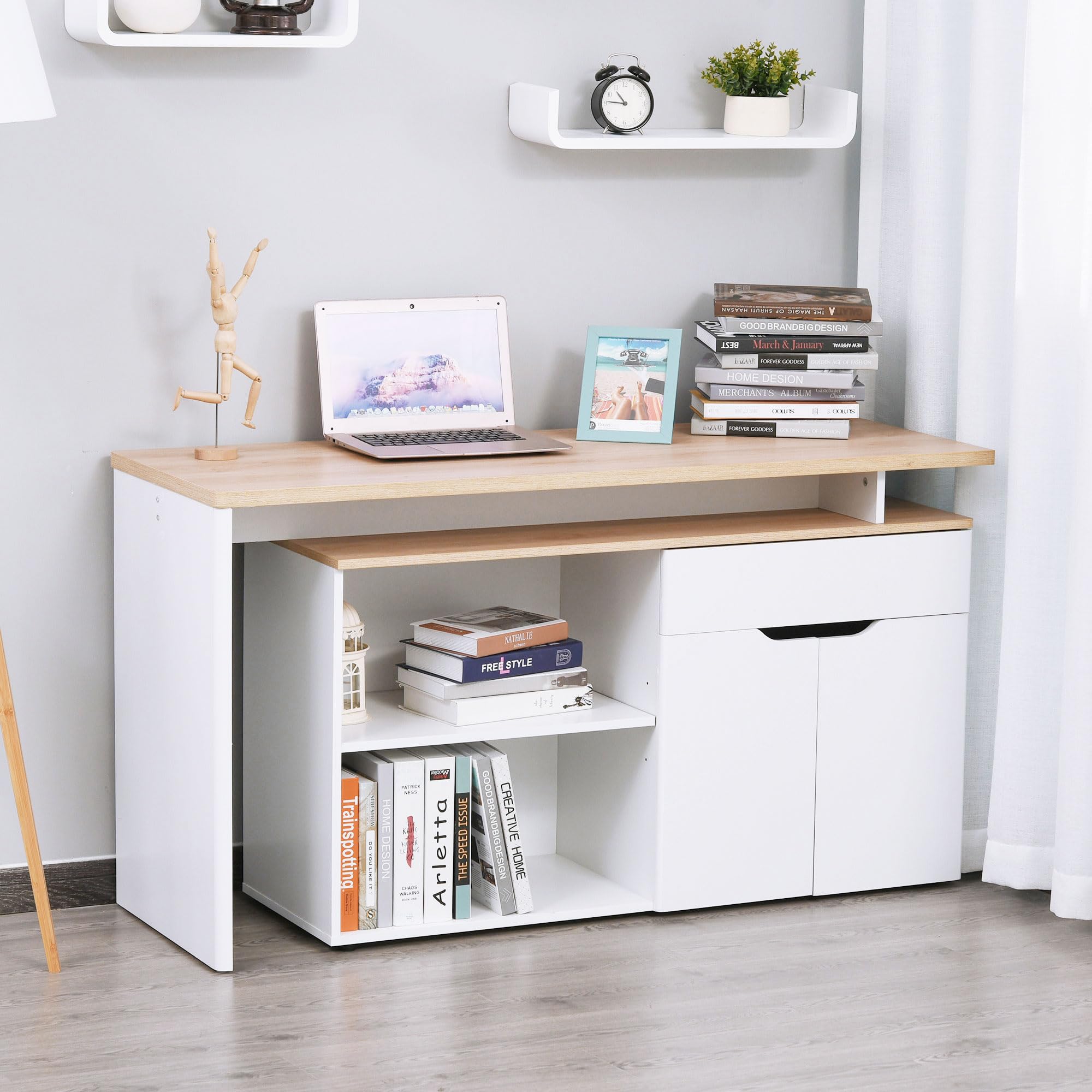 HOMCOM Bureau d'angle Modulable Multi-Rangements Placard Bois Clair Blanc