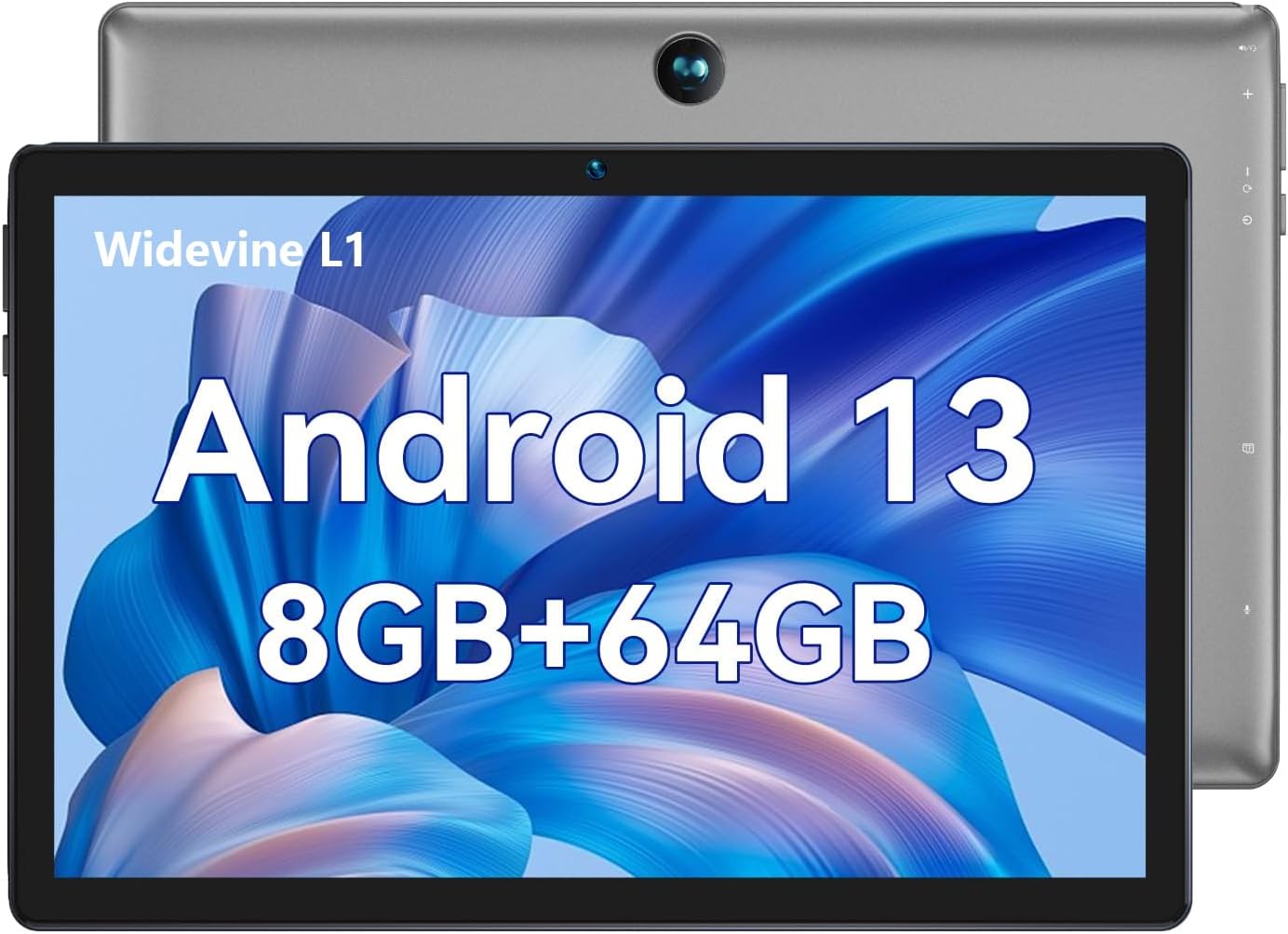 Front view of the BMAX I9 Plus tablet displaying 'Android 13' and '8GB+64GB' on screen.