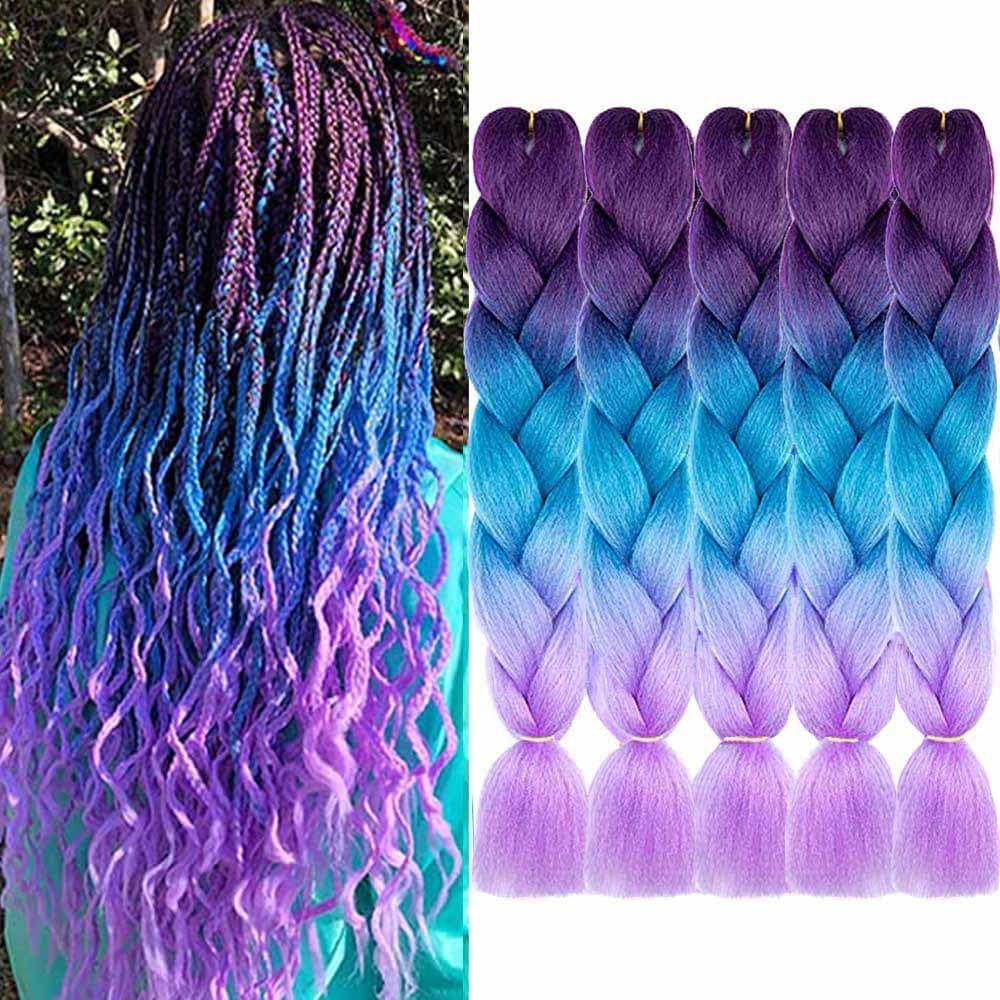 AIDUSA Ombre Braiding Hair Purple to Blue Braiding Hair Extensions for Braids 5pcs Synthetic Purple to Blue to Light Purple Braiding Hair Mermaid Hair Braid Hair (#56 Purple to Blue)