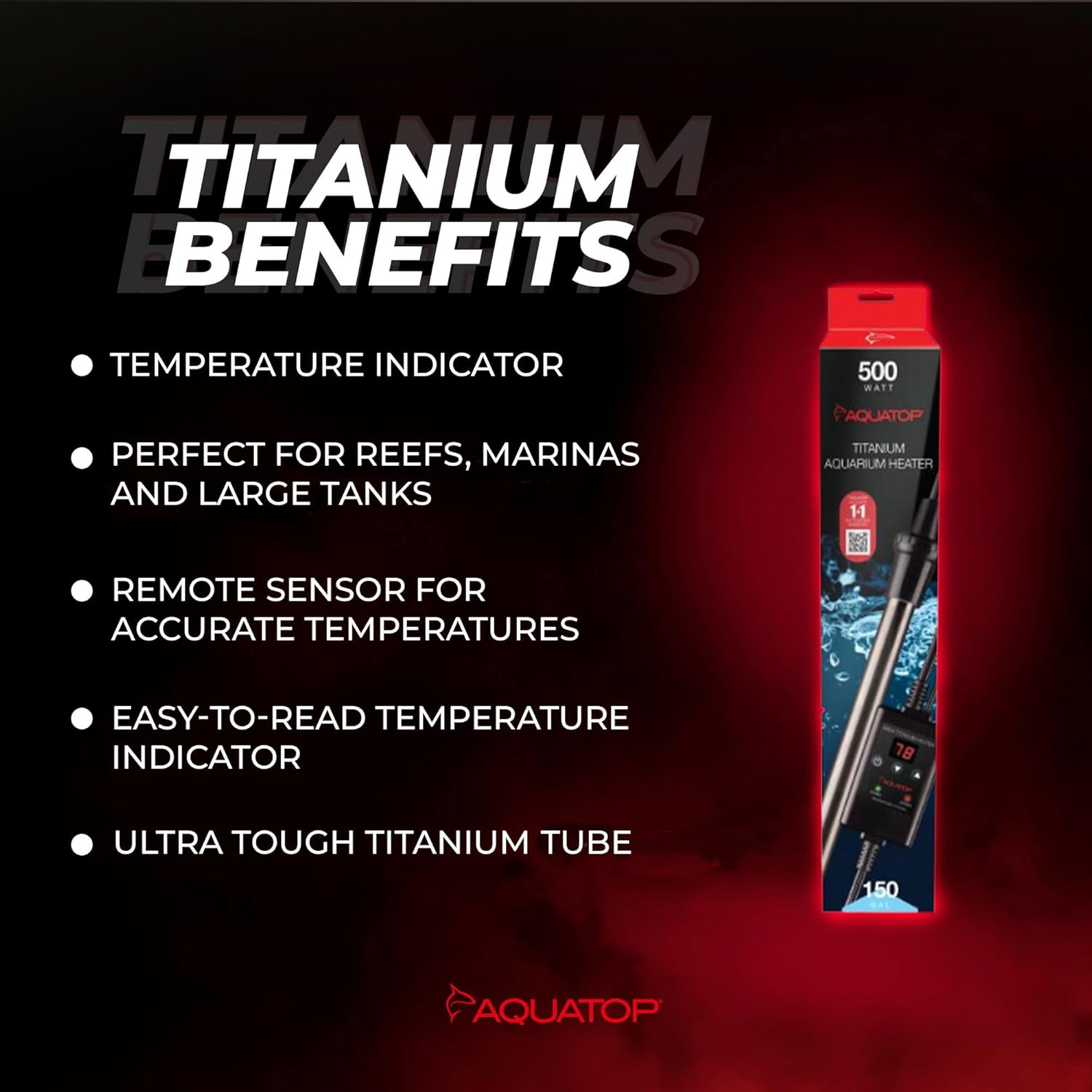 Aquatop 500W Titanium Heater with Controller – Fully Submersible - Up to 150 Gal – 68-92°F Adjustable Temperature – Ideal for Turtles & Large Fish