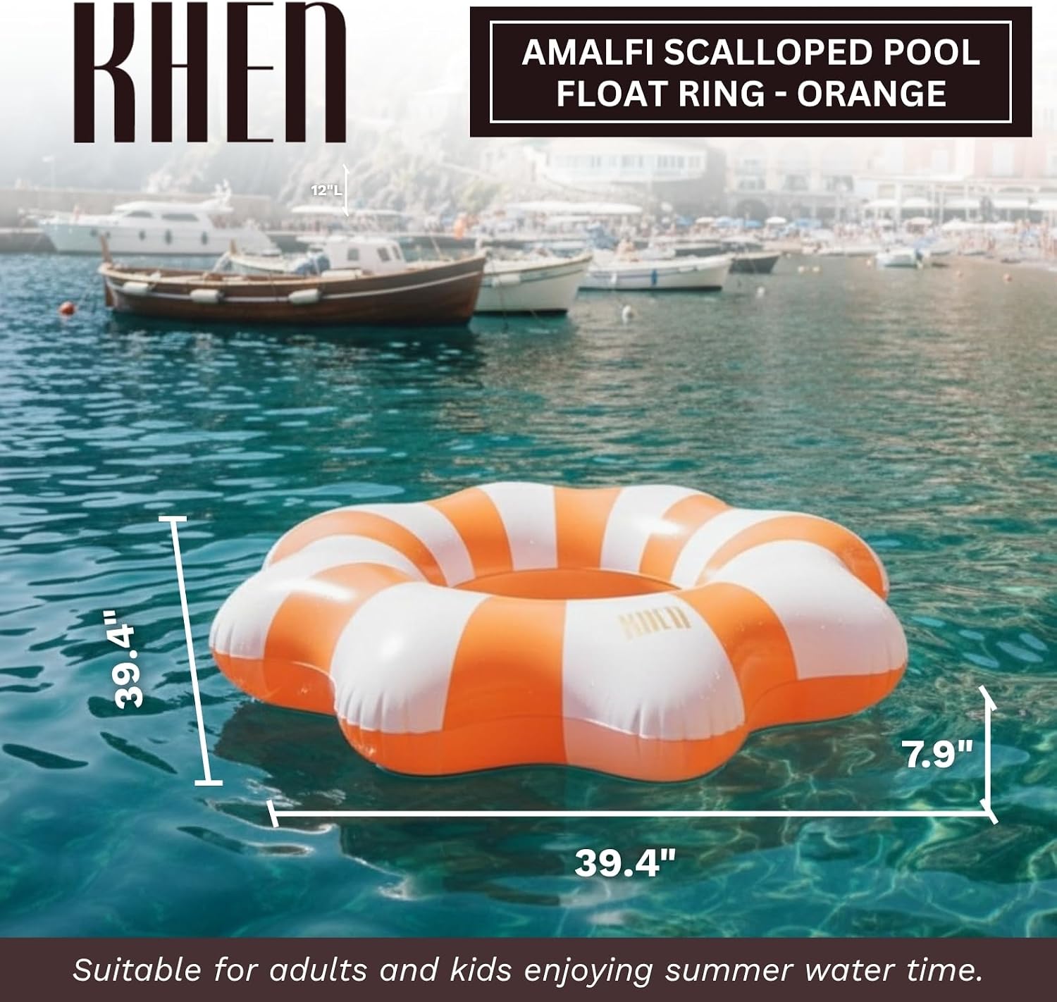 Khen Amalfi Scalloped Pool Float Ring, 1 Piece, Inflatable Swim Tube Durable Circular Water Buoy Support for Adult Kids, Beach Lake Ocean Swimming Lounge Summer Vacation Seaside Resort