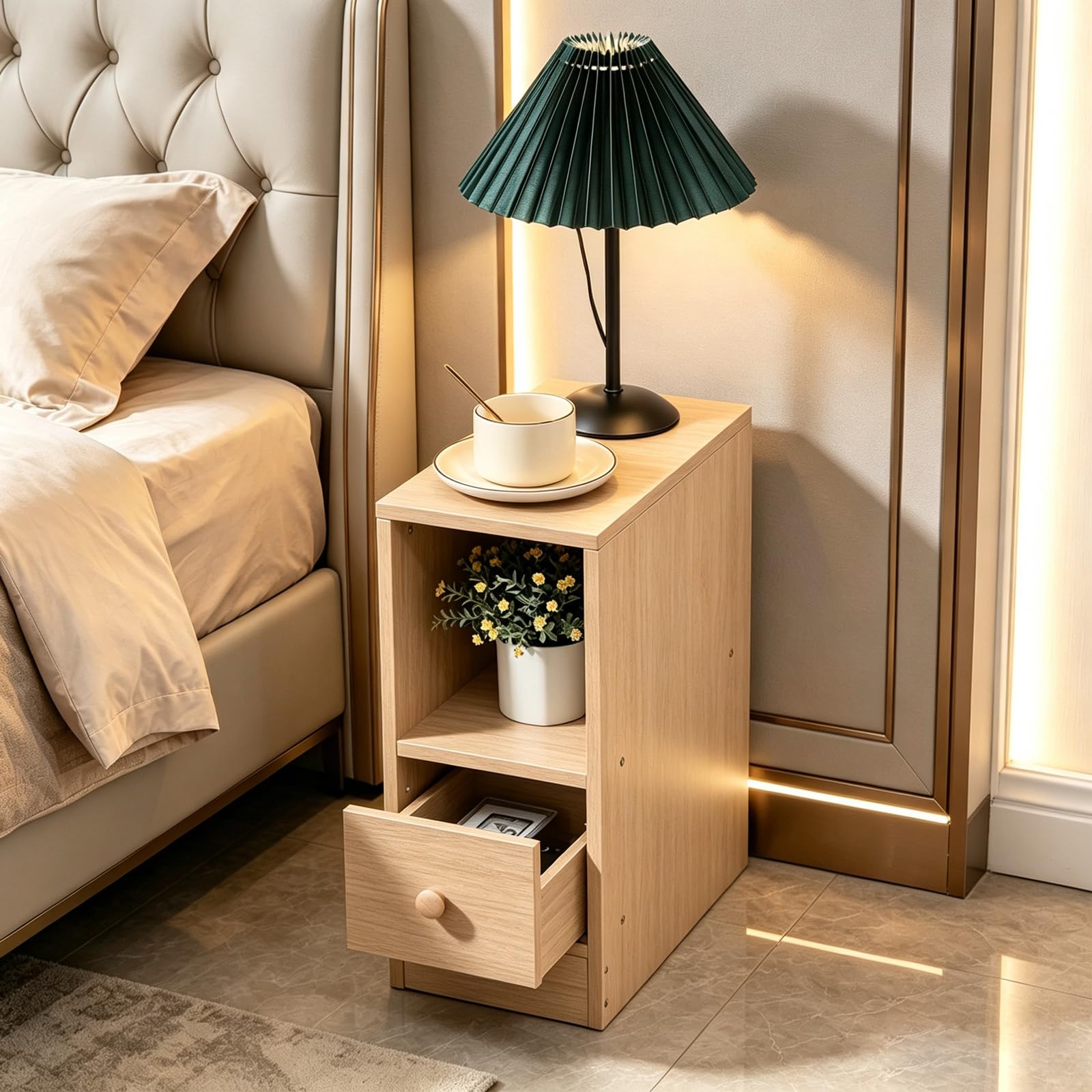 Slim Narrow Nightstand Bedside Cabinet with Drawer & Open Shelf, Walnut