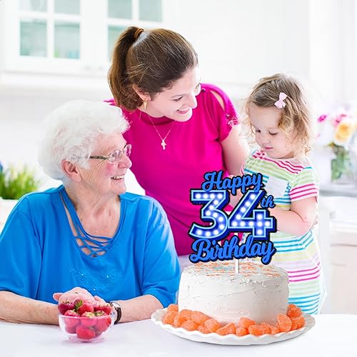 Miniatura 6 de Decoración de pastel de cumpleaños 34 con purpurina azul Let's Glow Crazy Party Theme Decor Supplies Men Women Happy Birthday 34 Anniversary Party