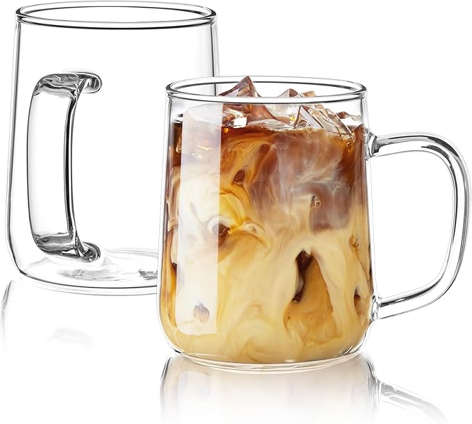 Glass Coffee Mugs, 16 oz Glass Coffee Cups Set of 6, Clear Borosilicate Glass Mugs with Handles for Cappuccino, Tea, Latte, Hot/Cold Beverages, Wine, Americano