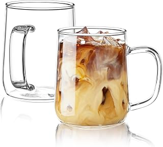 Glass Coffee Mugs, 14 oz Glass Coffee Cups Set of 2, Clear Borosilicate Glass Mugs with Handles for Cappuccino, Tea, Latte, Hot/Cold Beverages, Wine, Americano