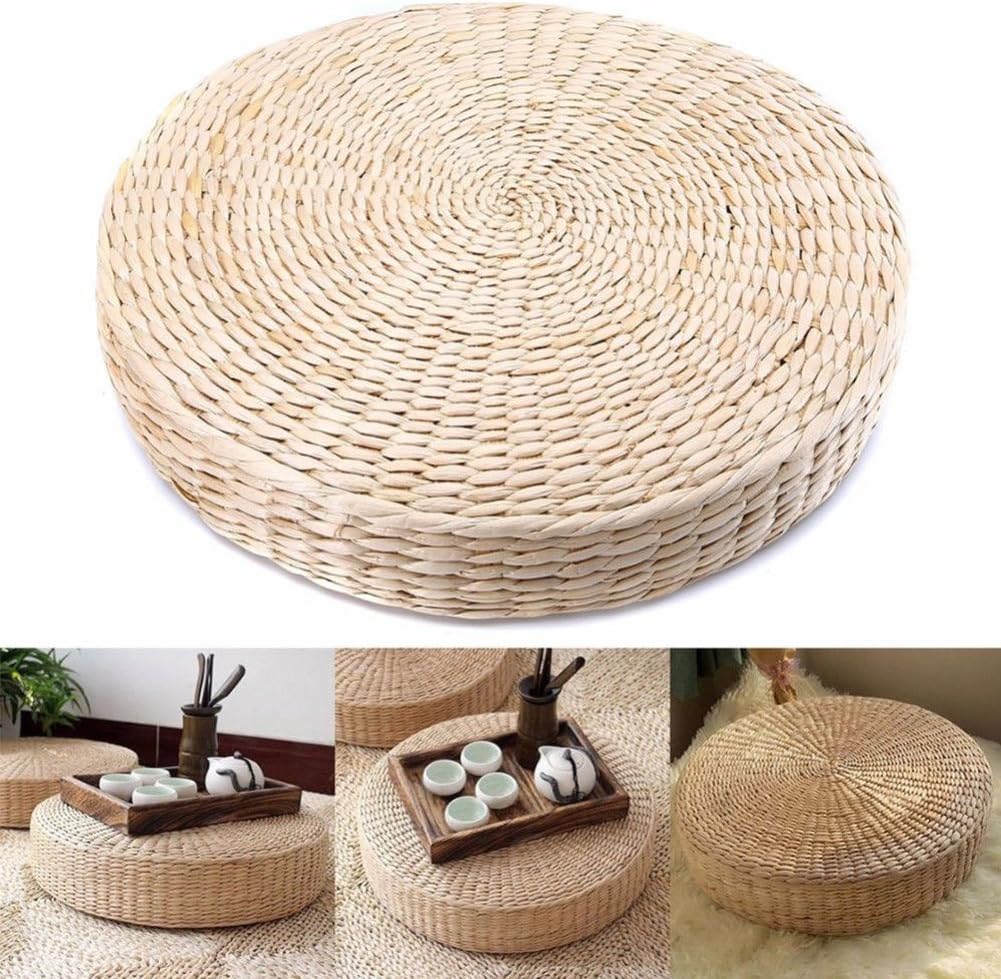 ZAK168 Natural Woven Grass Cushion, Wild Pucao Handmade Beige Round Weave Braided Pad Pillow Floor Mat Thick Yoga Cushion for Garden Dining Room Living Room Home Decor