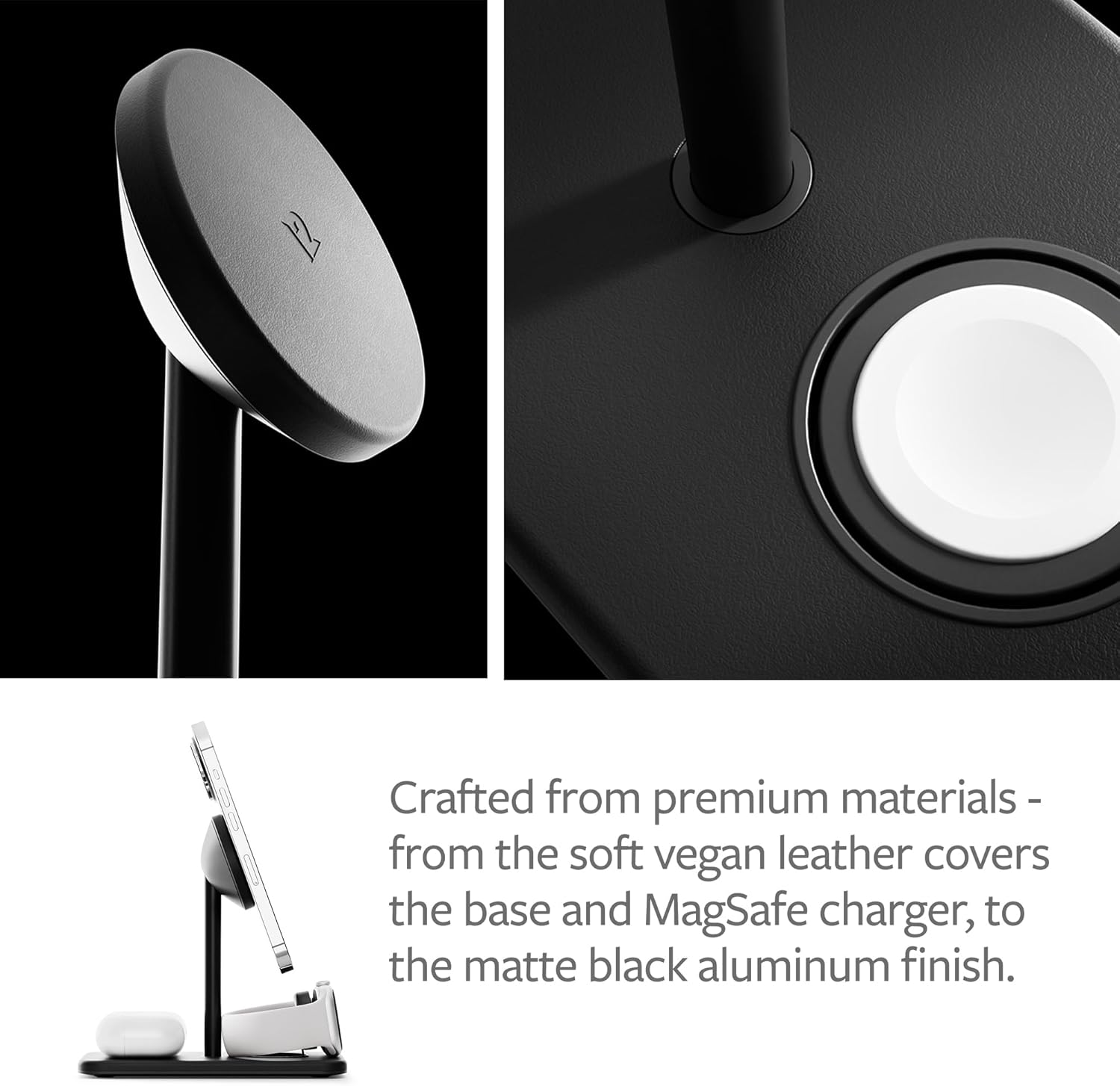 Twelve South HiRise 3 Deluxe, Compact Luxury Wireless Magsafe Charging Stand for iPhone, AirPods and Apple Watch - Includes US Power Supply with 5 Foot Cord, Plus International Plug Adapters, Black