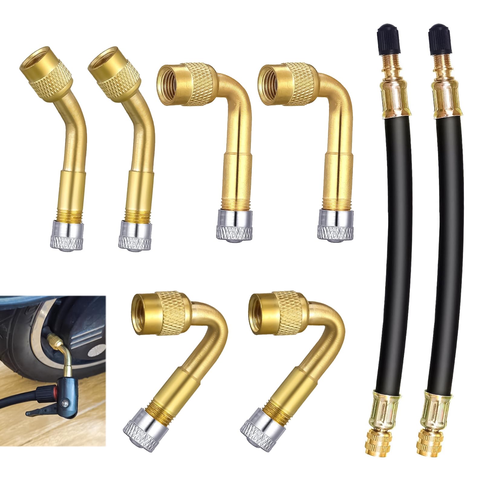 8 Stück Reifenventilverlängerung Set, Autoventil Verlängerung, Ventiladapter Messing 45° 90° 135° + 2 180mm Flexible Gummi Ventil­verlängerung, Winkeladapter für Auto Motorrad Fahrrad Roller Wohnmobil