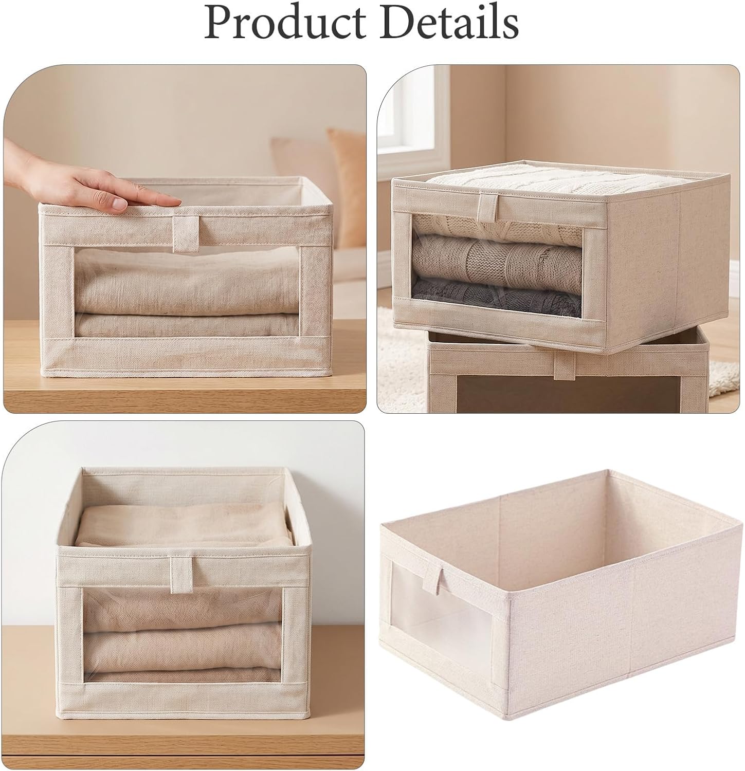 Generic 4pcs Foldable Multi-purpose Storage Boxes with Window, Large Capacity Cotton and Linen Decorative Storage Bins for Quilts, for Bedroom and Office Organization