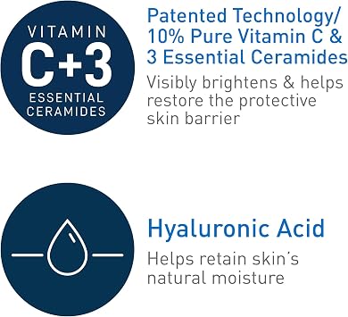 CeraVe Skin Brightening Vitamin C Serum for Face with Hyaluronic Acid, 1oz | Skincare, 10% Pure Vitamin C, Brightening Serum, Ceramides, Antioxidant, Hydrates and Improves Skin Tone & Texture