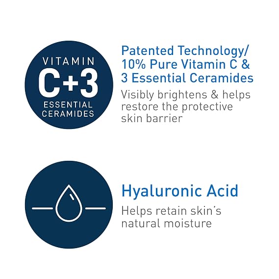 CeraVe Vitamin C Serum for Face with 10% Pure Vitamin C, Hyaluronic Acid & 3 Essential Ceramides, Skin Brightening Antioxidant Serum, Hydrates & Improves Skin Tone & Texture, Fragrance-Free, 1oz