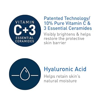 CeraVe Vitamin C Serum for Face with 10% Pure Vitamin C, Hyaluronic Acid & 3 Essential Ceramides, Skin Brightening Antioxidant Serum, Hydrates & Improves Skin Tone & Texture, Fragrance-Free, 1oz
