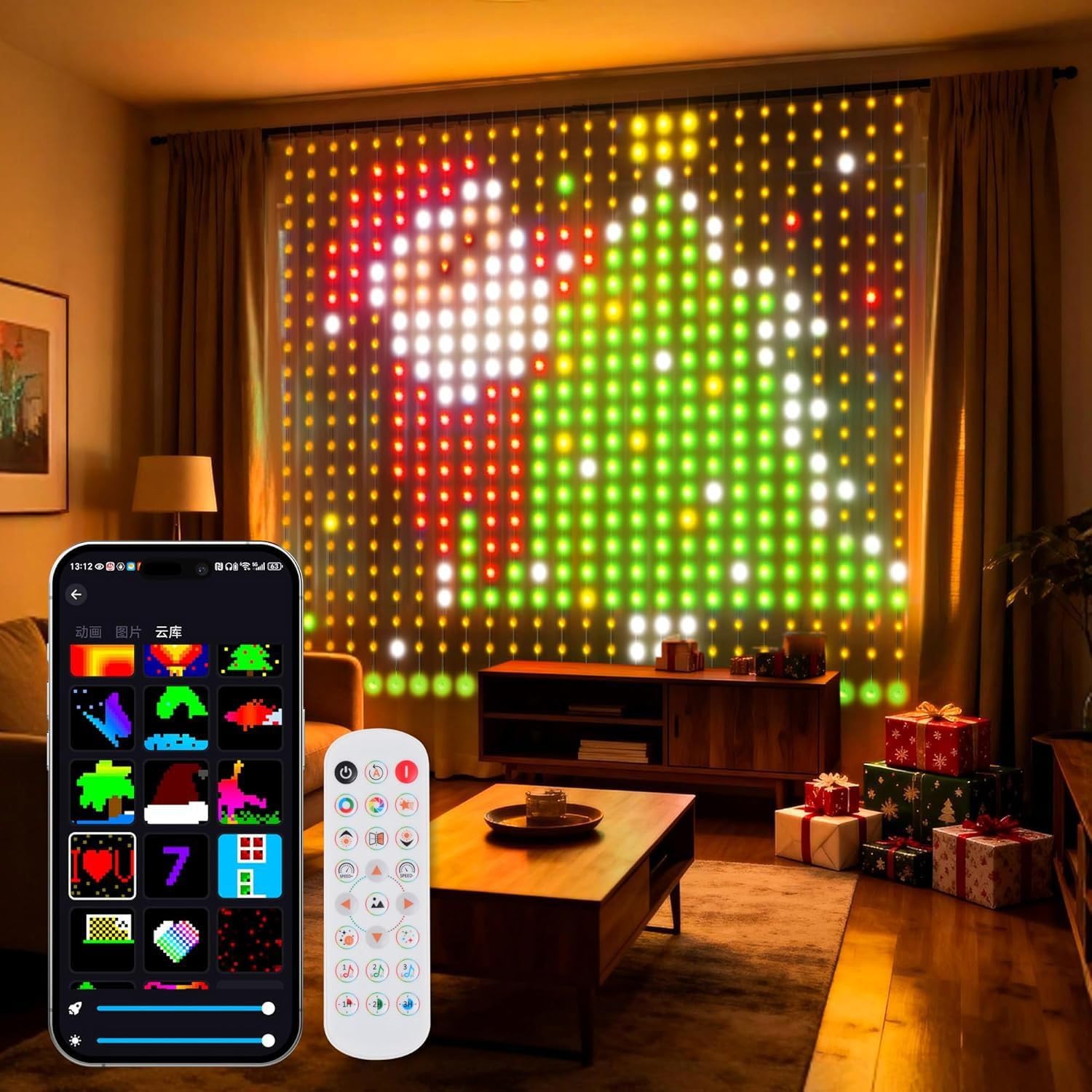Tenda Luminosa Intelligente Natalizia da Esterno, 400 RGB LED con App e Telecomando, Telecomando e App, Motivi DIY, Ideale per Decorazioni Natalizie e Festa (1 * 1m)