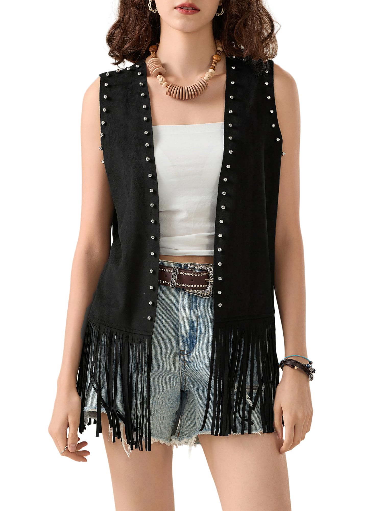 Womens Fringe Vest 70s Hippie Costume Sleeveless Cowgirl Western Faux Suede Tassel Leather Outerwear Cardigan Streetwear (D-Black, XXXL)