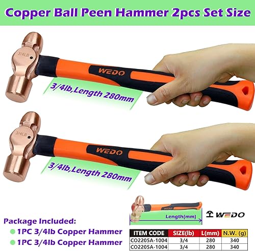 Miniatura 44 de WEDO Juego de martillo de bola de cobre de 3 piezas, 8 onzas + 12 onzas + 16 onzas (1/2 libra+3/4 lb+1 libra), martillo de bola con mango de madera