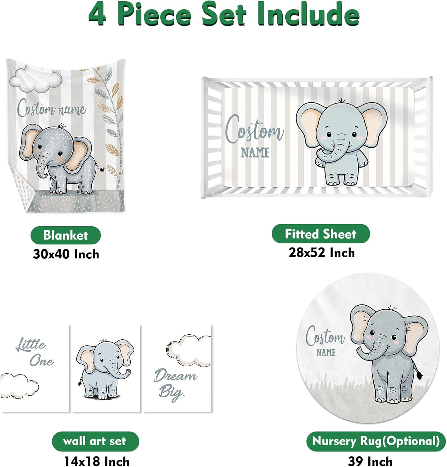 Personalized Baby Crib Bedding Set for Boys Girls, Custom Name Crib Set 4 Pcs - Minky Blanket, Fitted Crib Sheet, Nursery Rug & Wall Art, Cute Elephant Theme for Modern Baby Nursery Décor