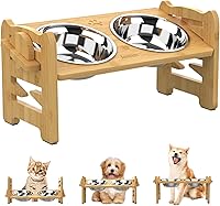 Jovrun Adjustable Elevated Dog Bowls for Small Dogs & Cats - 15° Tilted Raised Bamboo Stand, 2-7" Heights, 2 Stainless Steel Bowls, Anti-Slip
