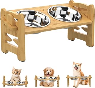 Jovrun Adjustable Elevated Dog Bowls for Small Dogs & Cats - 15° Tilted Raised Bamboo Stand, 2-7" Heights, 2 Stainless Steel Bowls, Anti-Slip