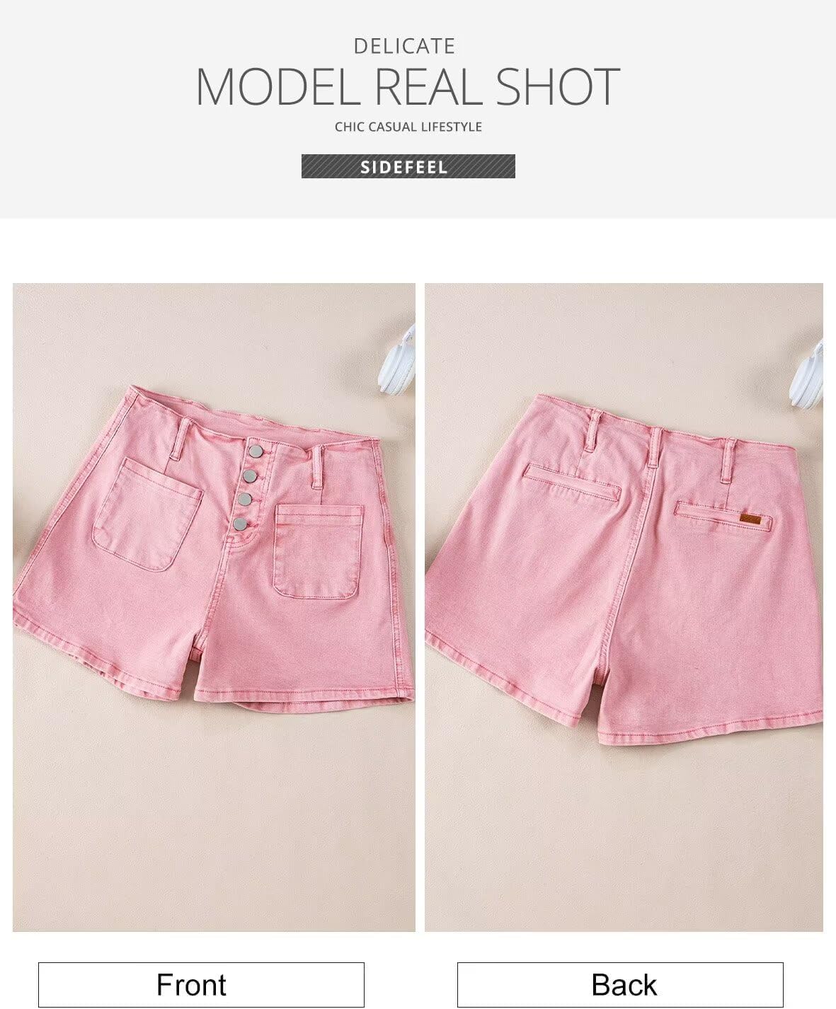 Sidefeel Women's High Waisted Jean Shorts Button Fly Tummy Control Summer Denim Shorts Pink Size 16 - Image 5