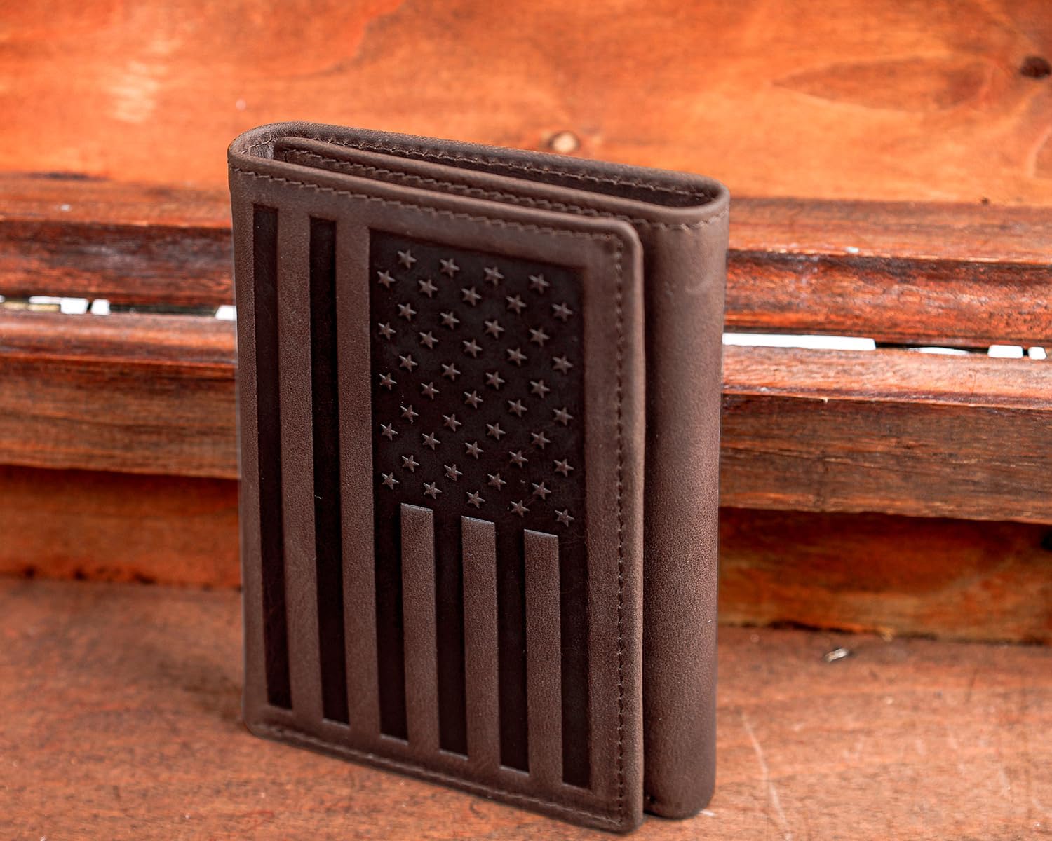 DK86 US Flag Trifold Wallets for Men American Flag Wallet Full Grain Leather Tri-Fold Wallet RFID Blocking (vintage coffee with us flag)