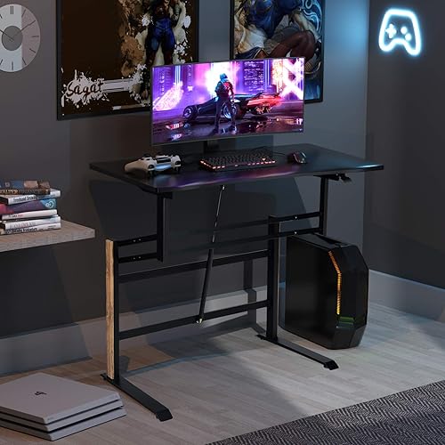 Miniatura 2 de Tangkula Escritorio neumático para juegos de altura ajustable, mesa de juego de pie estilo carreras con bandeja de regleta de alimentación,