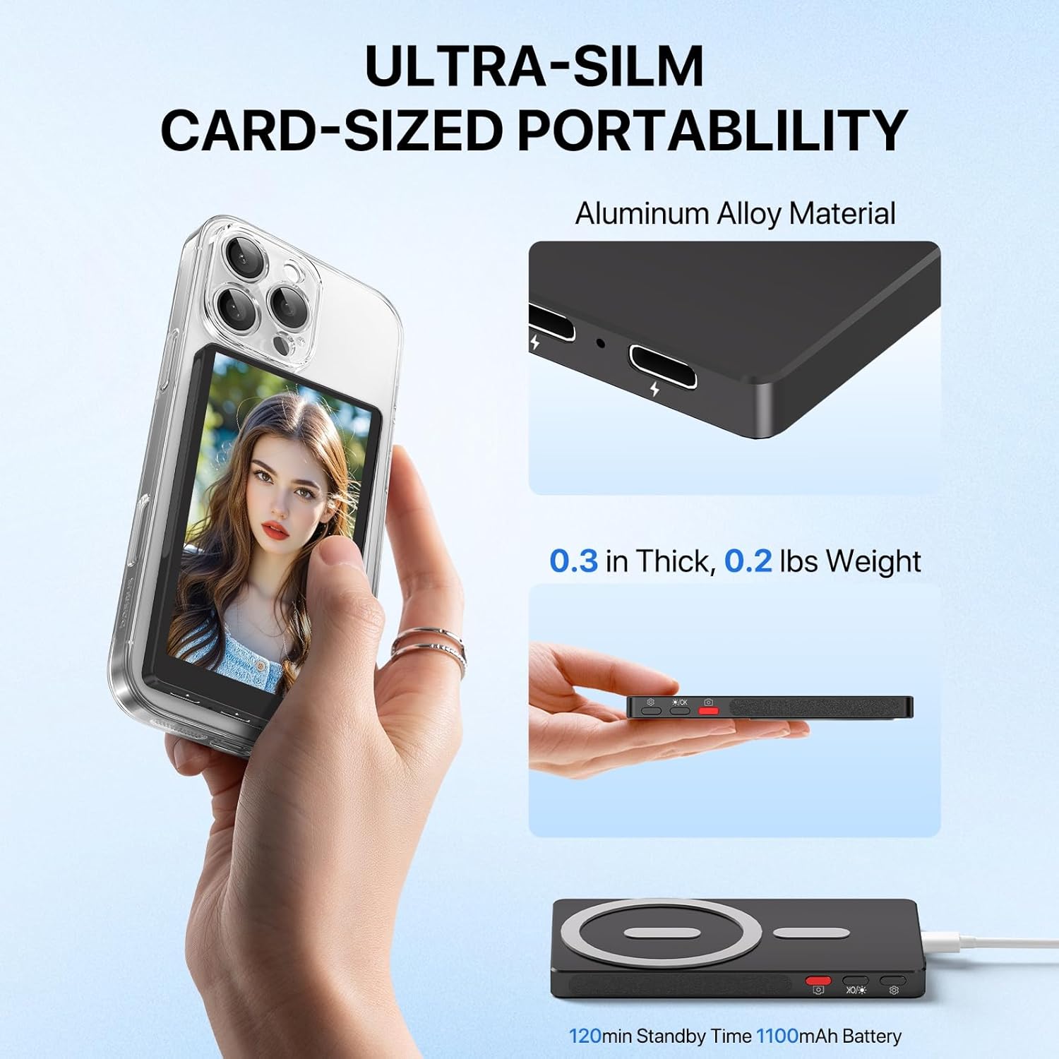 4" Magnetic Phone Vlog Selfie Monitor Screen, 1080P Wireless Mirroring, Phone Selfie Monitor Screen Back Camera Monitor for Selfie Vlog Content Creator Live Stream,Snaplylens for iPhone, Android