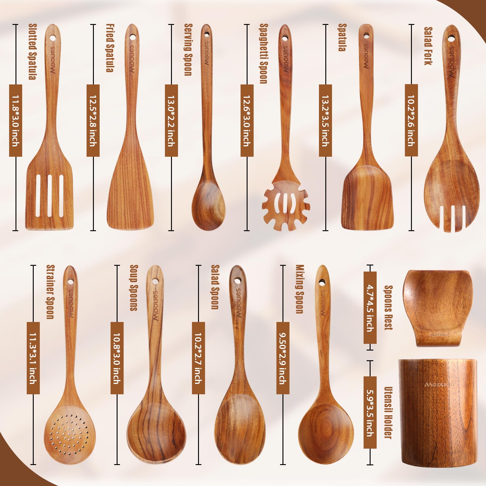 Juego de utensilios de cocina de madera, herramientas de cocina de 12 piezas