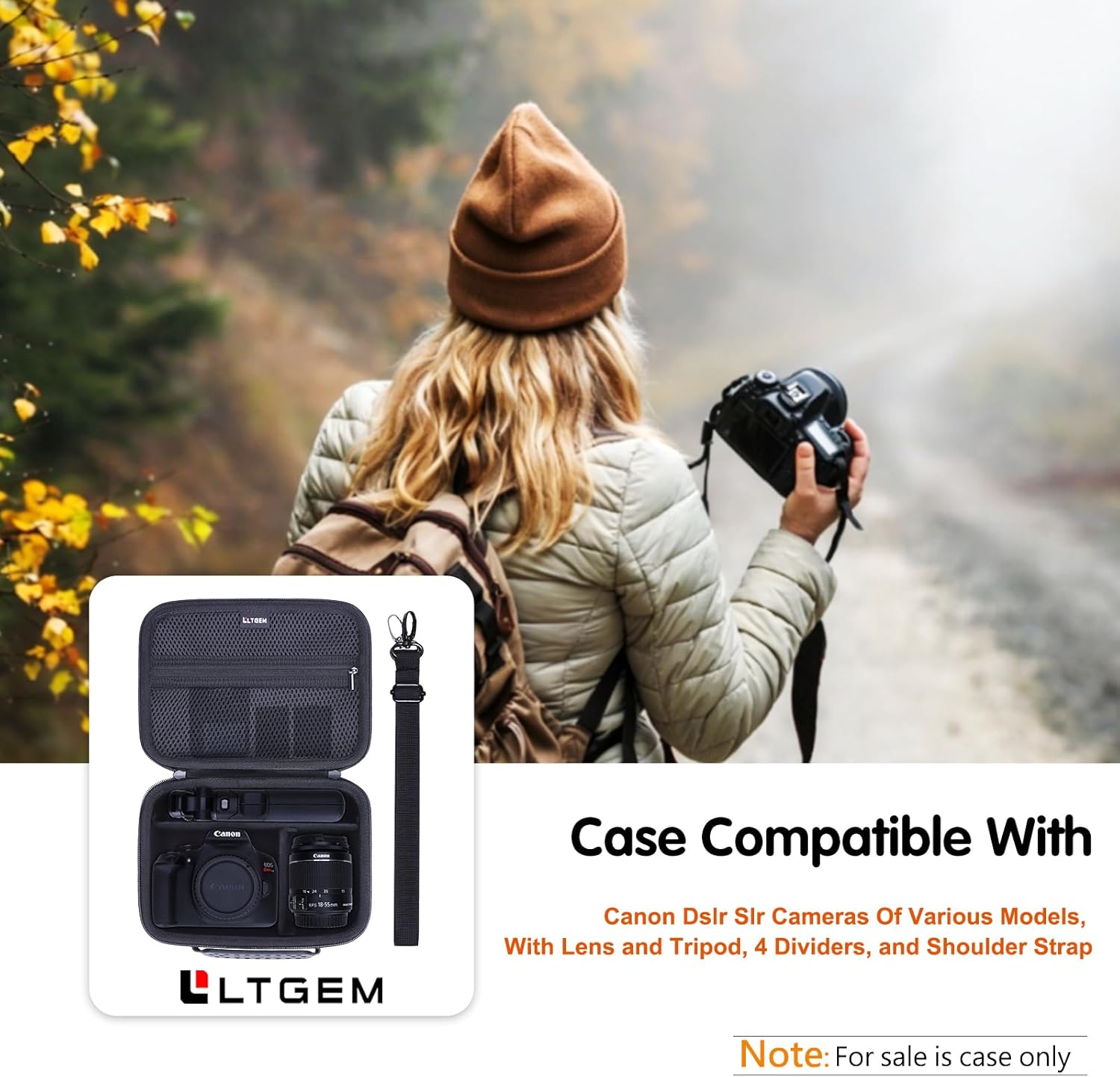 L LTGEM Hard Camera Case Compatible with Canon EOS Rebel T7, R50, R6 Mark II, R100, DSLR SLR Cameras, Lenses, and Tripods, Camera Travel Bag, Featuring 4 Dividers and a Shoulder Strap, Dark Gray