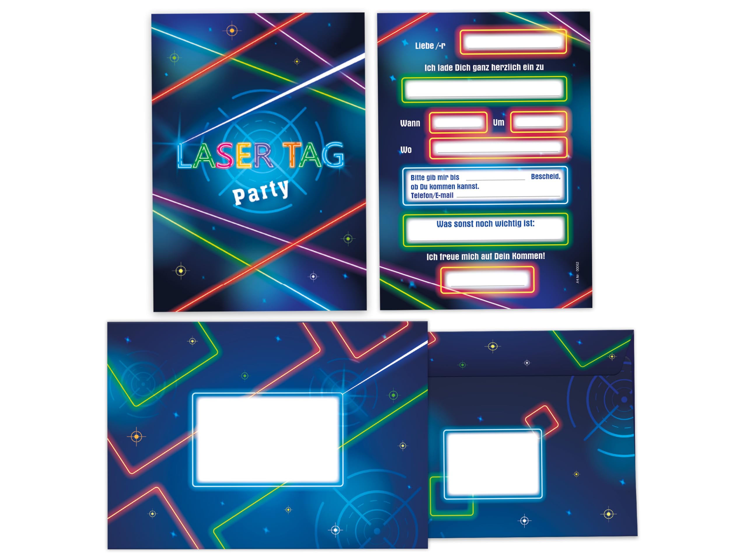 12 Einladungskarten Kindergeburtstag Laser Tag Lasern Geburtstag Kinder Jungs Mitgebsel inkl. 12 Umschläge, 12 Tüten, 12 Aufkleber, 12 Lesezeichen, 12 Blöcke, 12 Stadt-Land-Fluss, 12 Tic Tac Toe