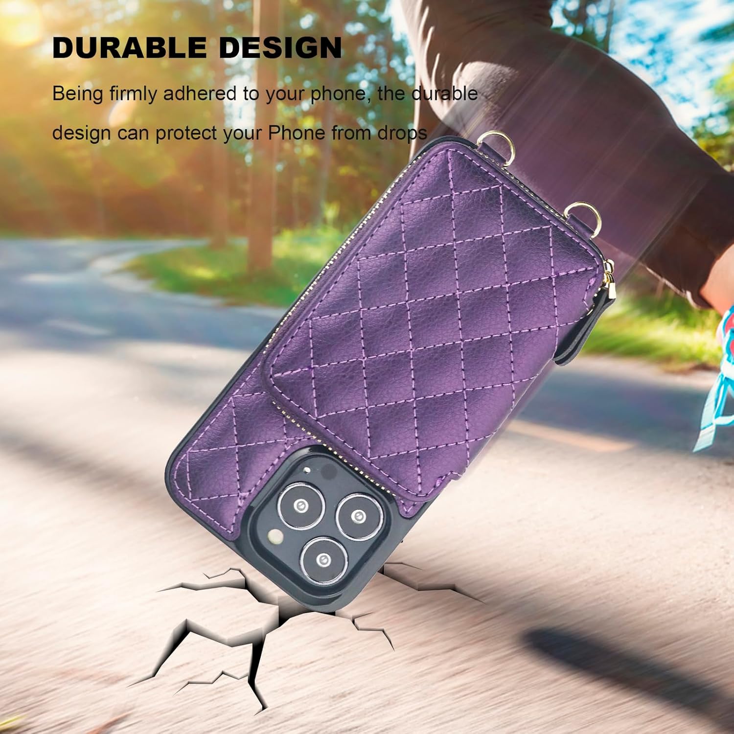 Bocasal Crossbody Wallet Case for iPhone 13 Pro, RFID Blocking PU Leather Zipper Handbag Purse Flip Cover, Kickstand Folio Case with Card Slots Holder Wrist Strap Lanyard 5G 6.1 Inch (Dark Purple)
