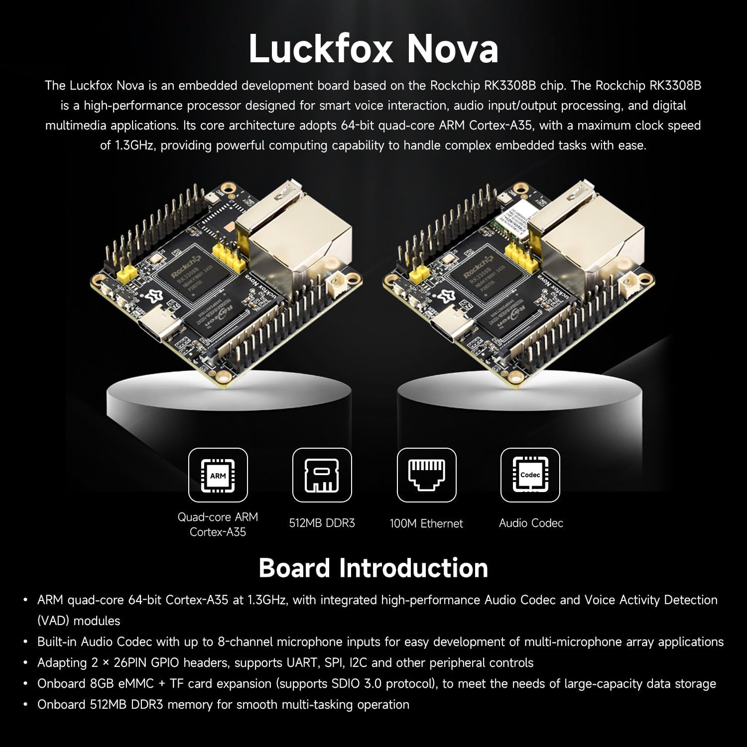 Waveshare Luckfox Nova Micro Development Board, Based On Rockchip RK3308B, 8GB eMMC, Integrated High-Performance Audio Codec, with PoE Module, Excluding Wireless