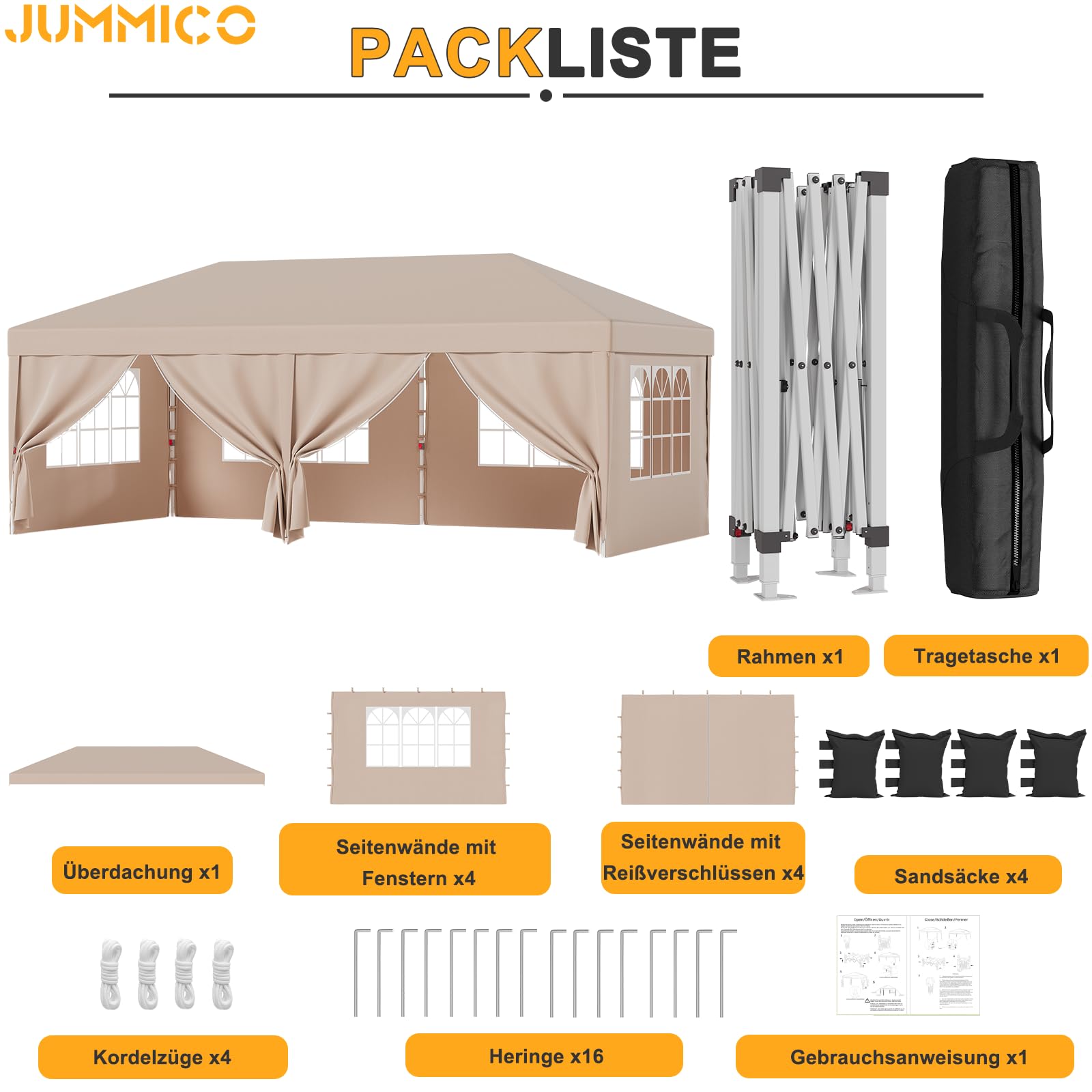 JUMMICO Pavillon 3x6 Wasserdicht Stabil Winterfest | Höhe Verstellbar,Faltpavillon mit 6 Seitenwänden,UV Schutz 50+,Gartenpavillon Faltzelt für Garten, Innenhof,Gazebo Beige