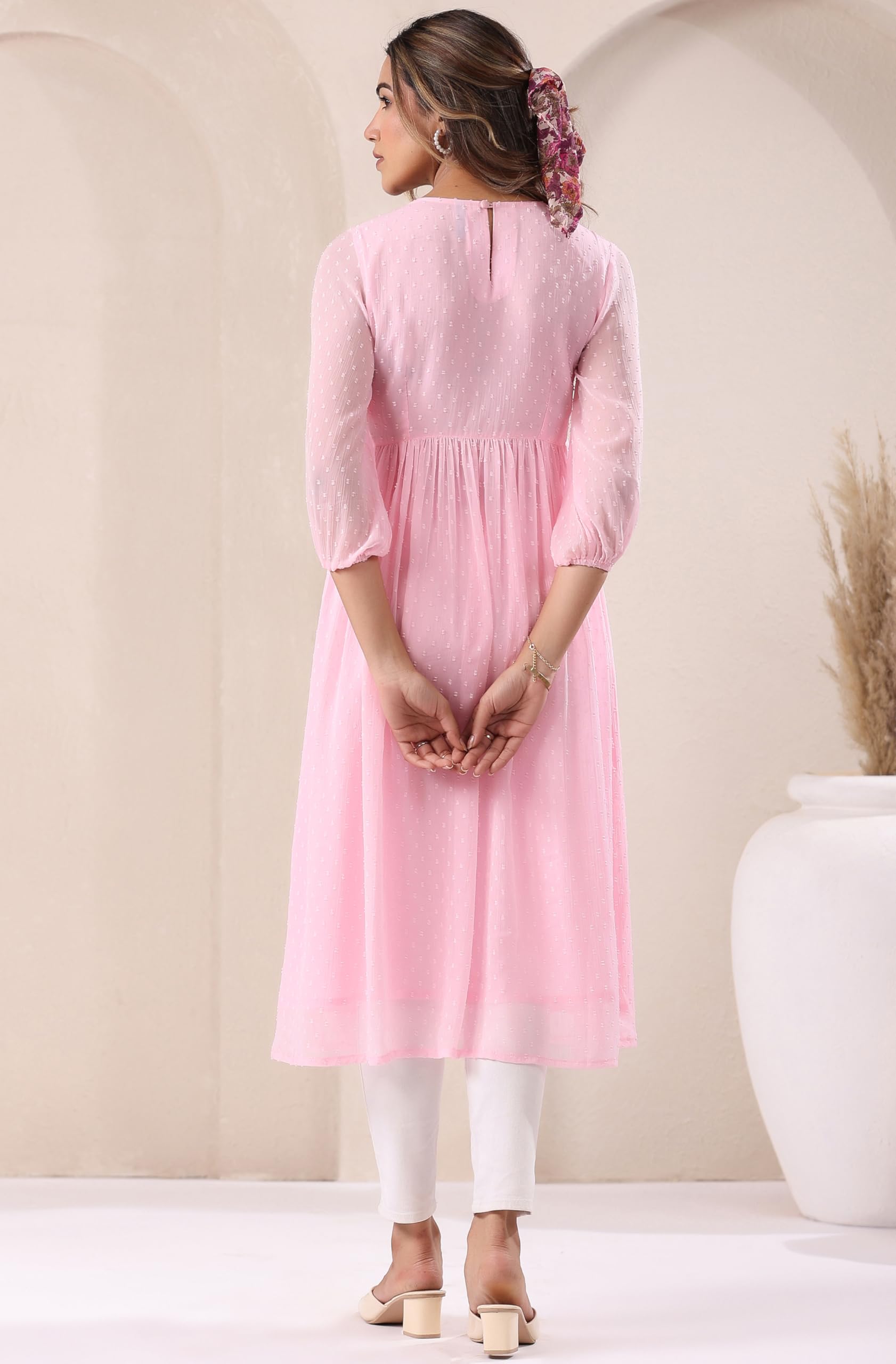 Janasya Women's Baby Pink Dobby Chiffon Self Design A-Line Kurta product image 3