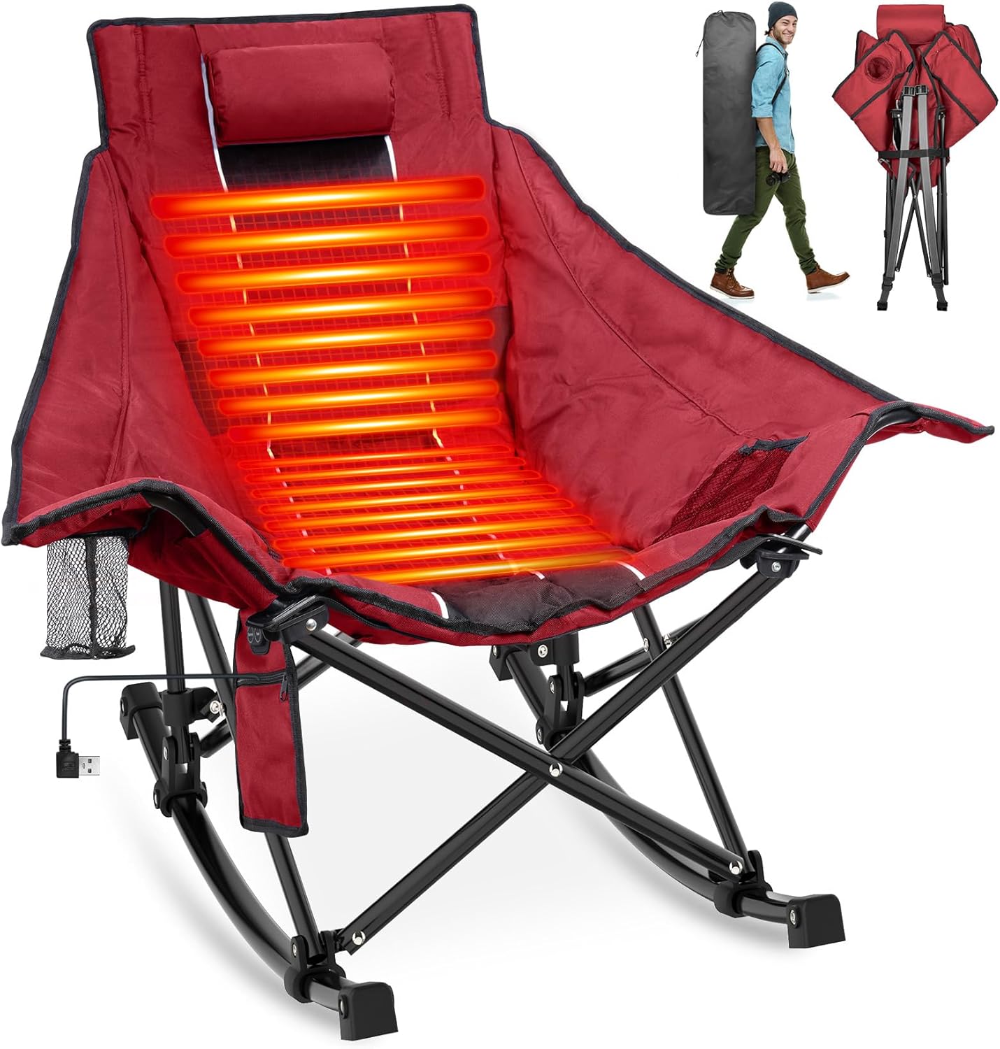 Suteck Heated Rocking Camping Chair, Fully Thicker Padded Heated Camping Chairs for Outdoor Sports W/3 Heat Levels for Back & Seat, Heated Rocking Chair for Adults with Carry Bag, Battery NOT Included