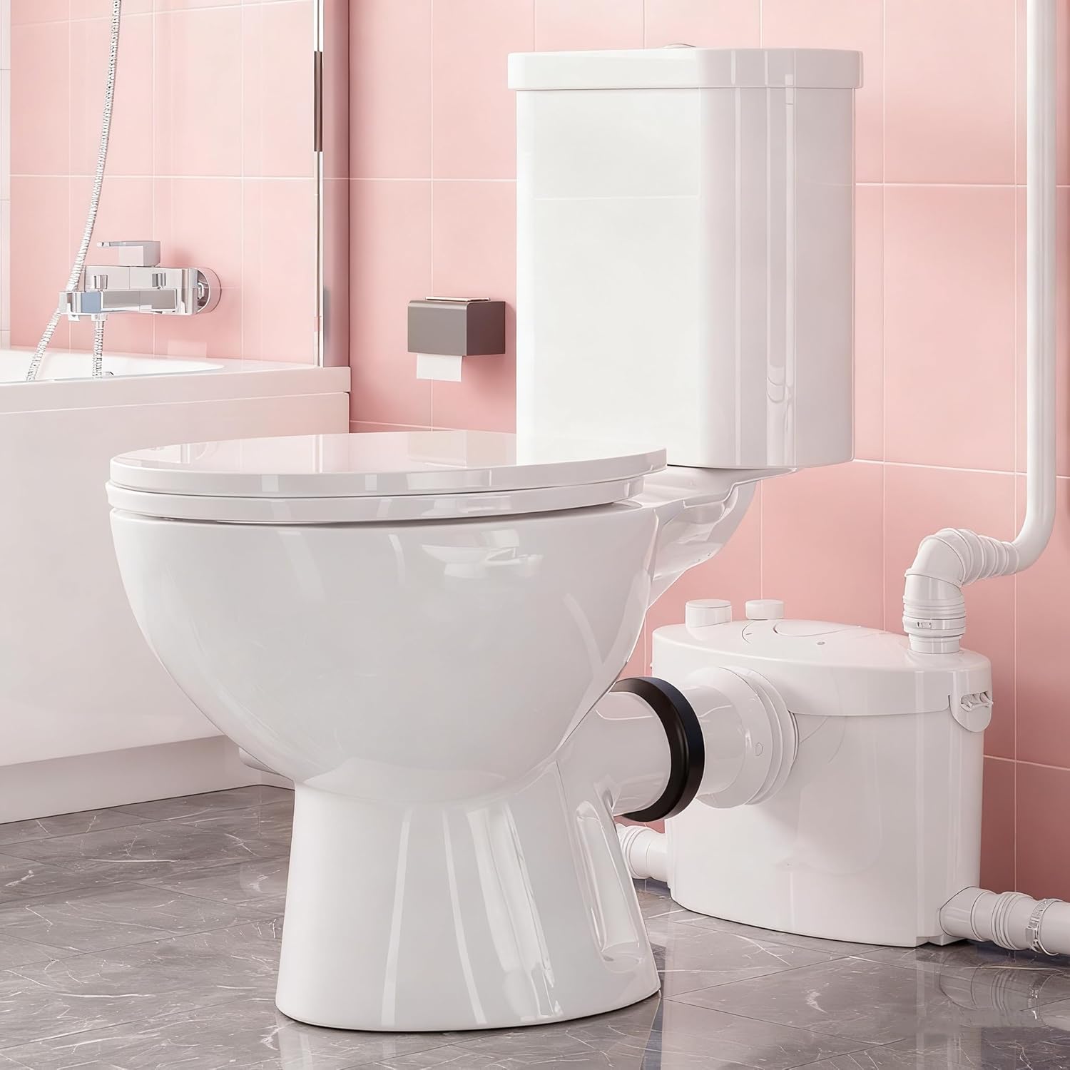 600w Macerating Toilet System | Macerator Pump Toilets with 4 Water Inlets, White Two-piece Upflush Toilet for Basement, Including Extension Tubes,Quiet Operation