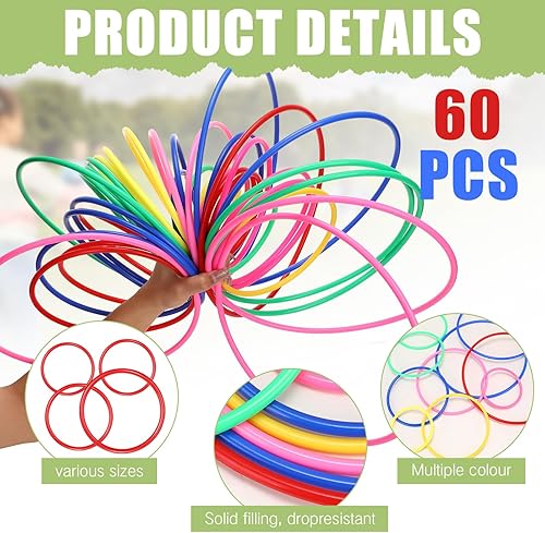 Miniatura 3 de Wettarn 60 anillos de plástico grandes para lanzar anillos de carnaval multicolor para niños, juegos de práctica de velocidad y agilidad, juegos de