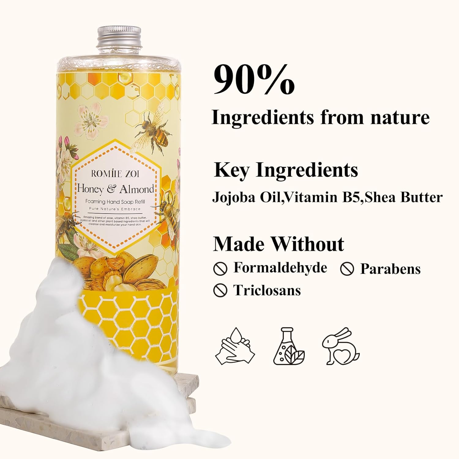 ROMIIE ZOI Foaming Hand Soap Refill- Natural Honey & Almond Fragrance Gentle & Moisturizing Formula Hand Soap Refills with Dispenser for Home & Kitchen, 1 L/ 33.8 FL OZ pack of 3
