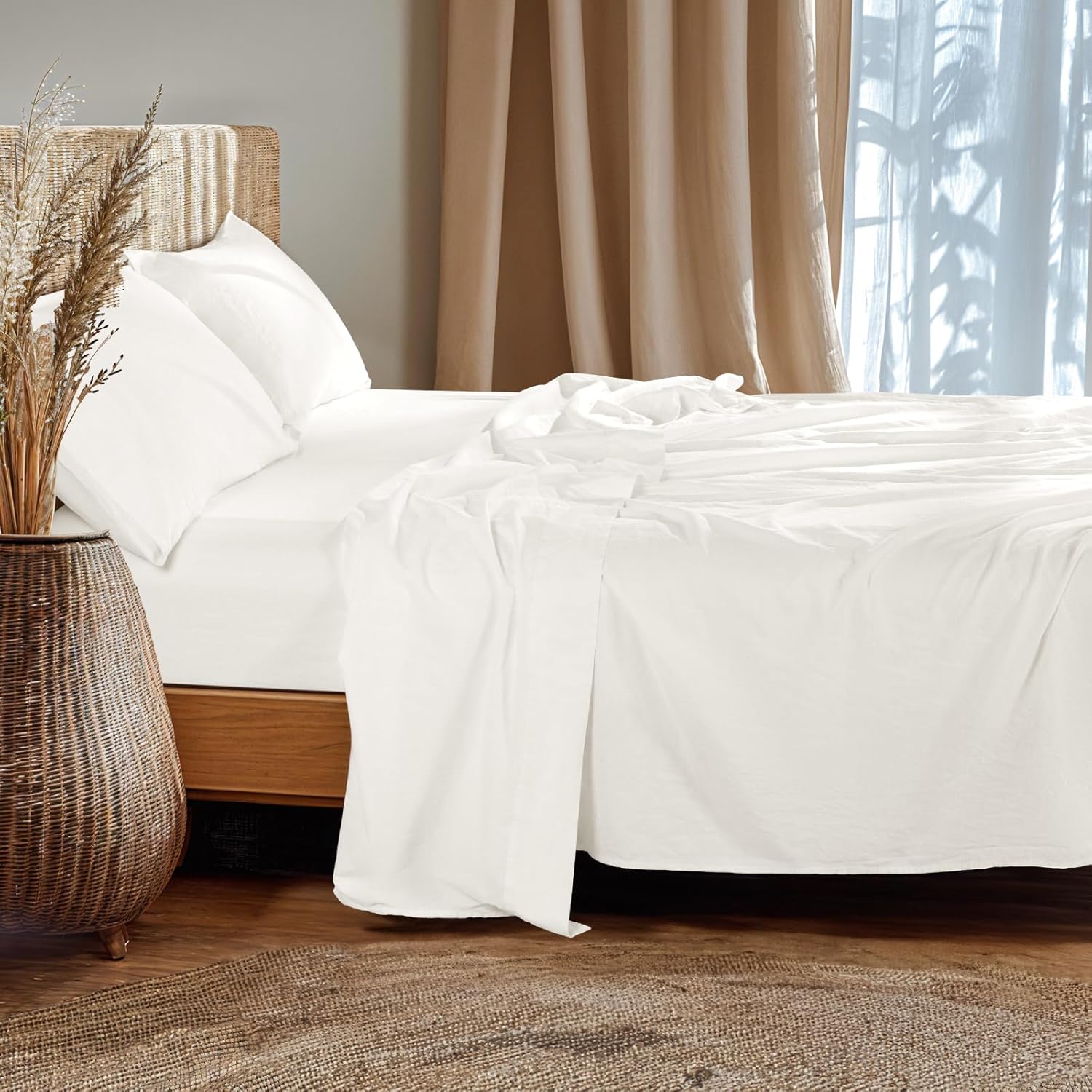 LBRO2M Linen Sheet French Flax Sheet Cotton Linen Blend Sheets Deep Pocket 16 Inch, 4 Pcs Bedding Sheet King Sheet Set, Soft, Breathable, All Season (King, White)