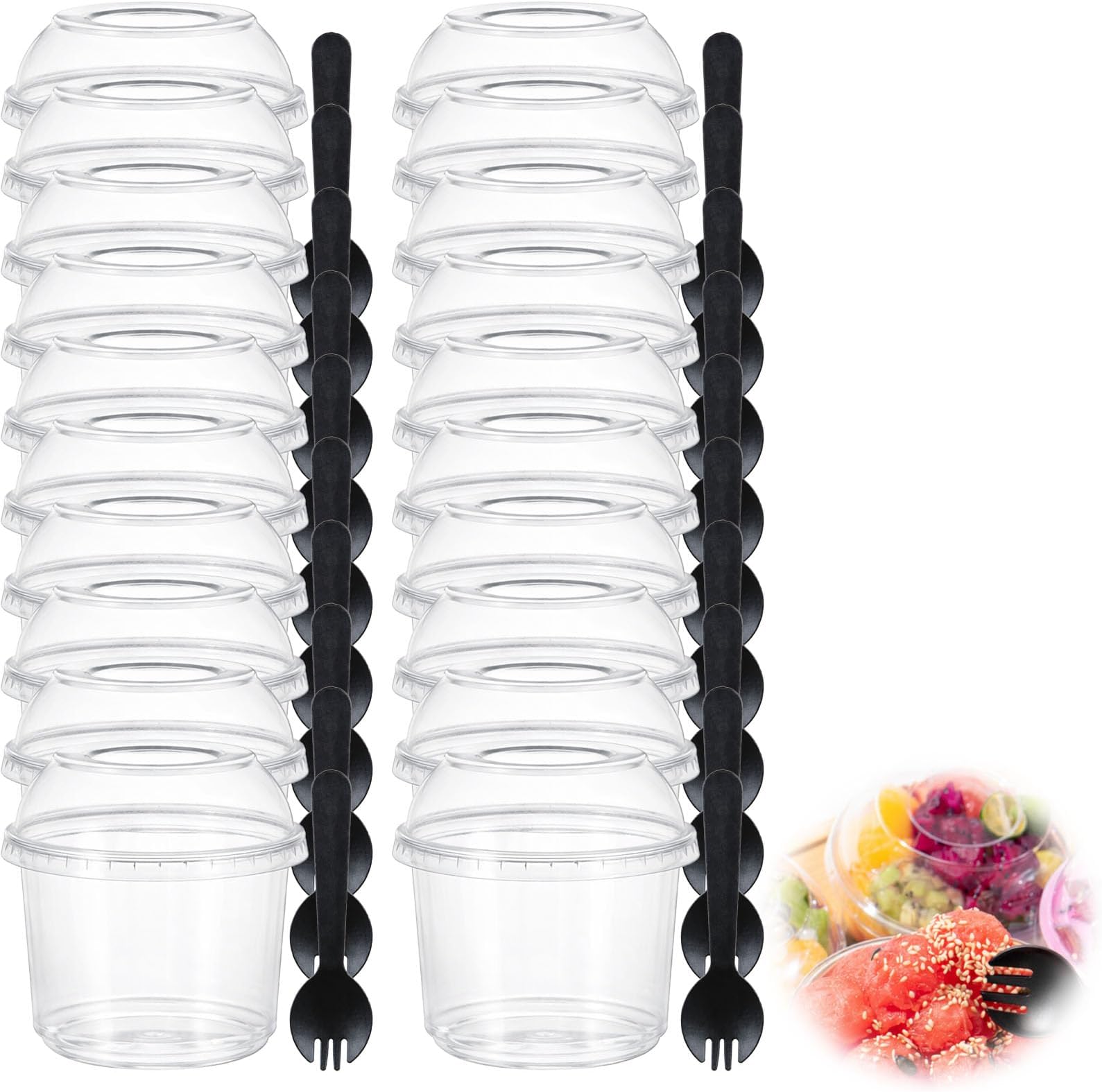 Dessert Cups with Dome Lids, 20 Pcs 525ml Clear Fruit Parfait Containers with Forks and Spoons, Salad Ice Cream Bowls for Weddings Birthdays Parties BBQs, 20 Set Pack