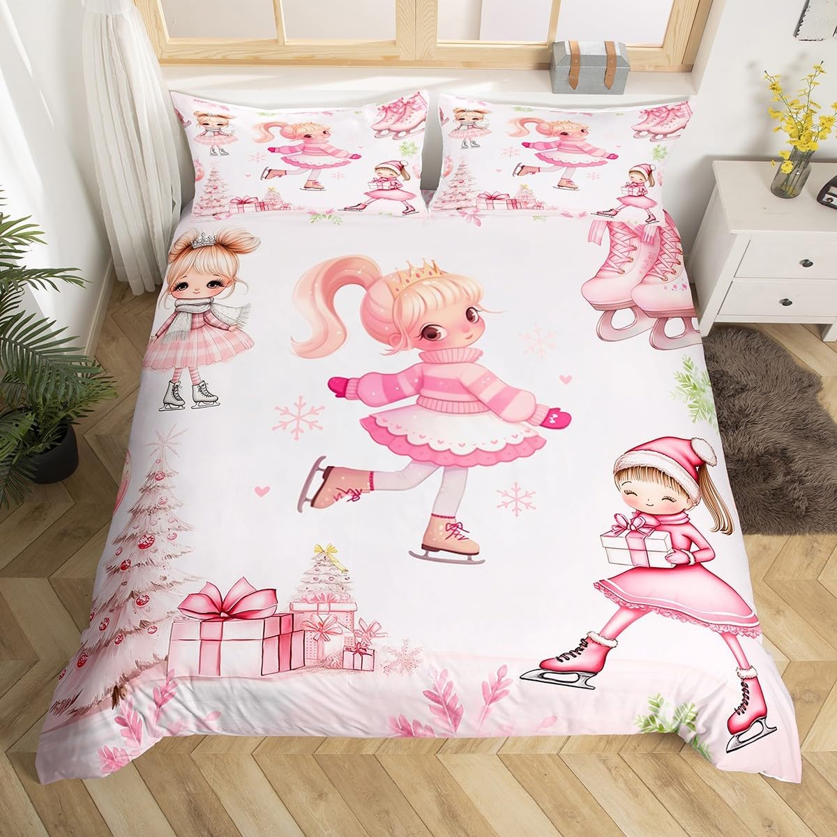 Manfei Skating Girl Duvet Cover Toddler Size for Kids Teens,Cute Princess Girl 2 Pieces Duvet Cover,Winter Christmas Trees Gifts Soft Comforter Cover (Not Comforter),Dreamy Girly Pink Quilt Cover
