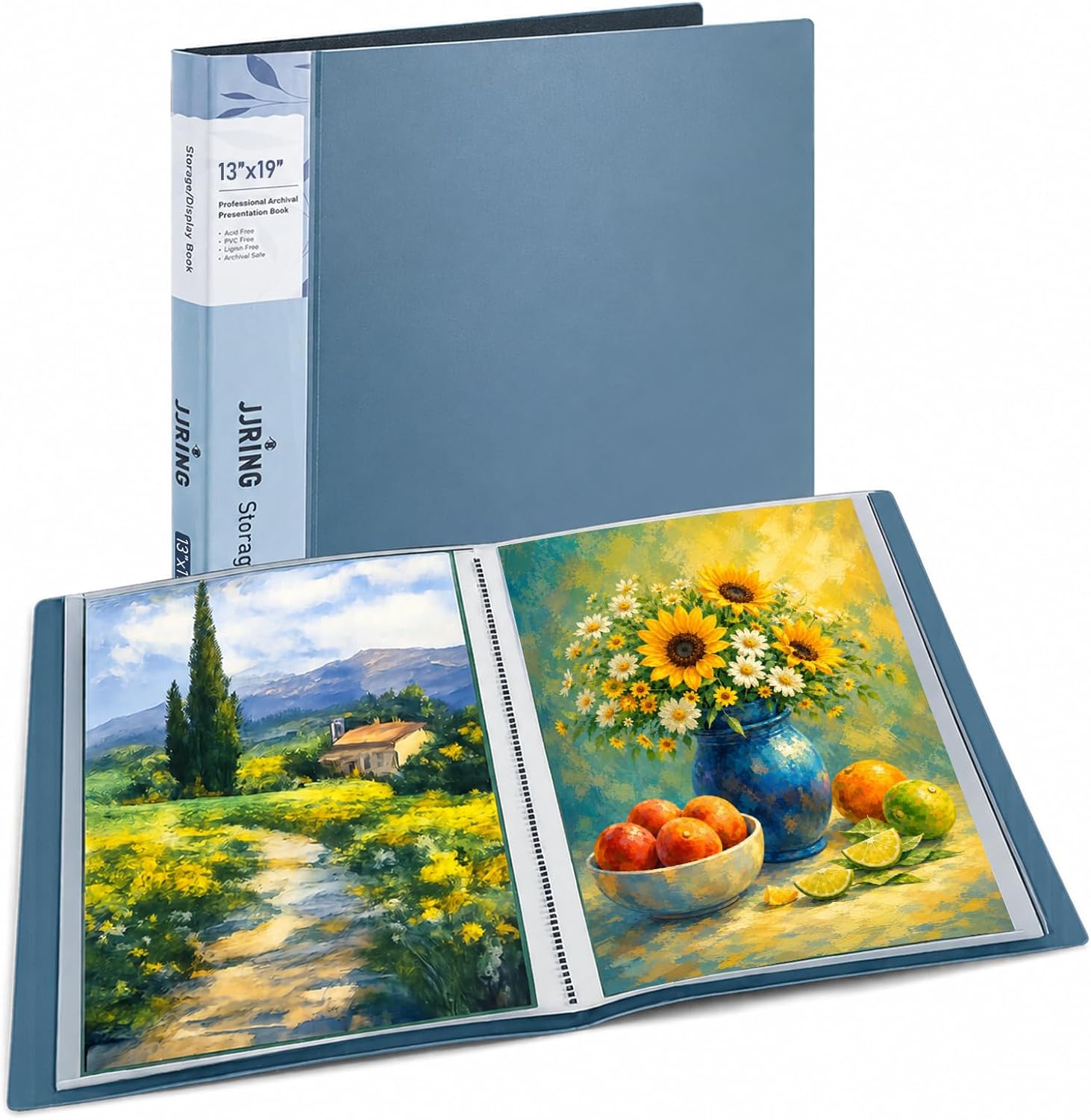13x19 Blue Art Portfolio Folder Displaying 48 Pages with Plastic Sleeves