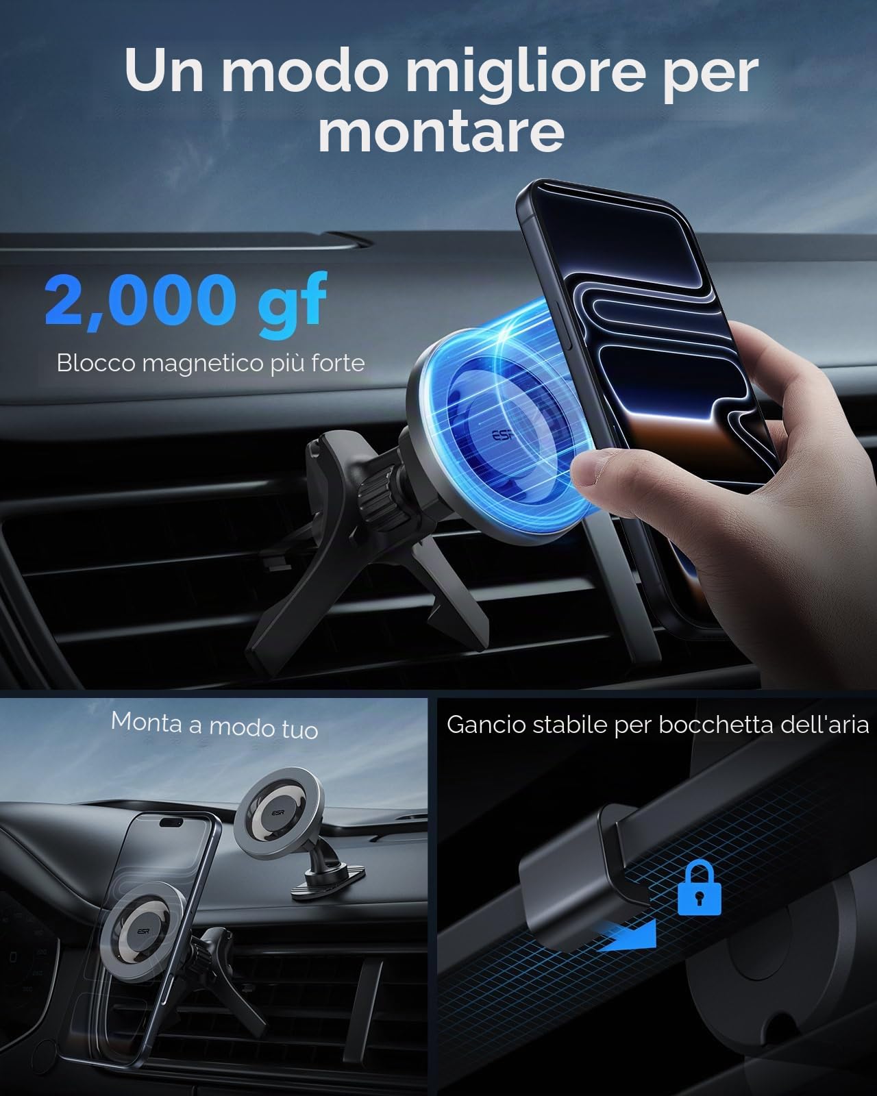 ESR HaloLock Supporto Magnetico per Telefono da Auto, Supporto auto per magsafe, Compatibile con iPhone 17/17 Air/17 Pro/17 Pro Max e iPhone 16/15, Google Pixel 10, S25, Non supporta la ricarica, Nero