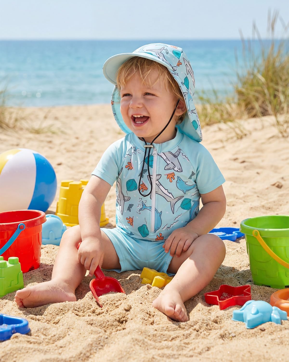 JiAmy Baby Boy Swimsuit 3 Piece Rash Guard Set, Toddler Boys Short Sleeve Swim Shirt with Trunks & Hat for 0-3 Years