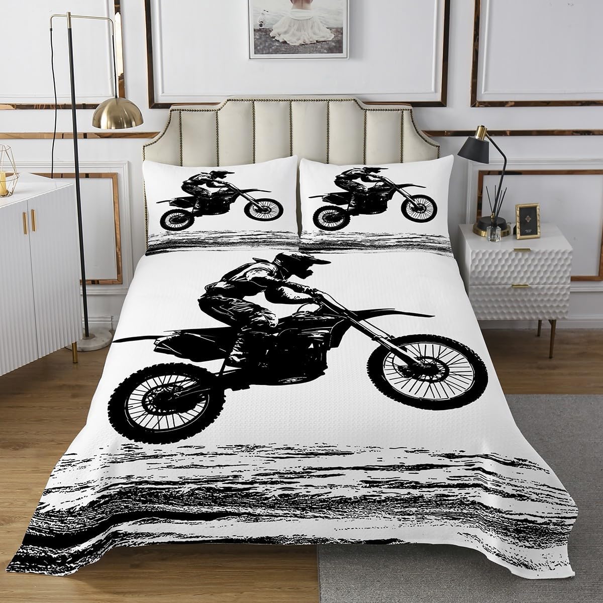 Erosebridal Dirt Bike Bedspread Queen Size,Motocross Racer Bedding Set, Extreme Sports Game Coverlet Set for Kids Boys Girls Teens Adult Bedroom Decor, Racing Motorcycle Quilted Coverlet