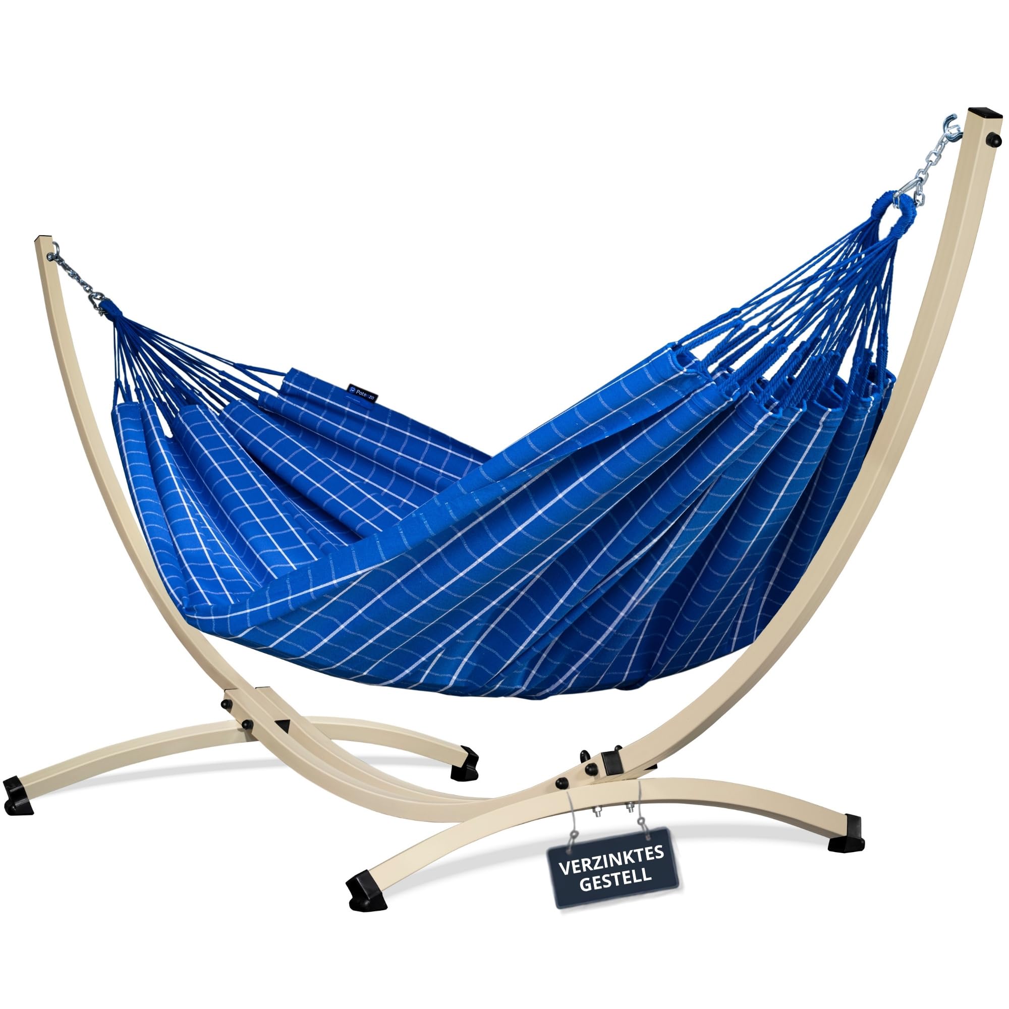 Potenza Amaca da Giardino con Supporto in Acciaio ZINCATO A CALDO – Amaca Doppia 220x160 cm, 200 kg in 100% Cotone con Struttura lunga 365 cm, Portata 220 kg, con Telaio Resistente alle Intemperie