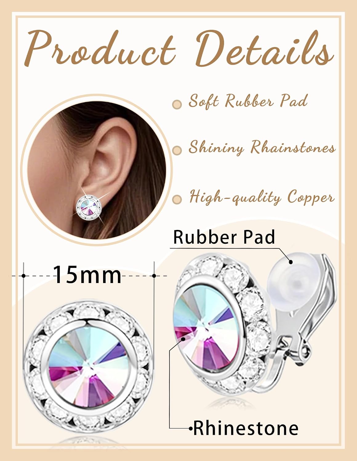 10 Pairs Clip on Halo Earrings for Women Rainstone Dance Competition Stud Earrings Crystal Stage Opera Performance Wedding Party Ear Clips Jewelry 15mm