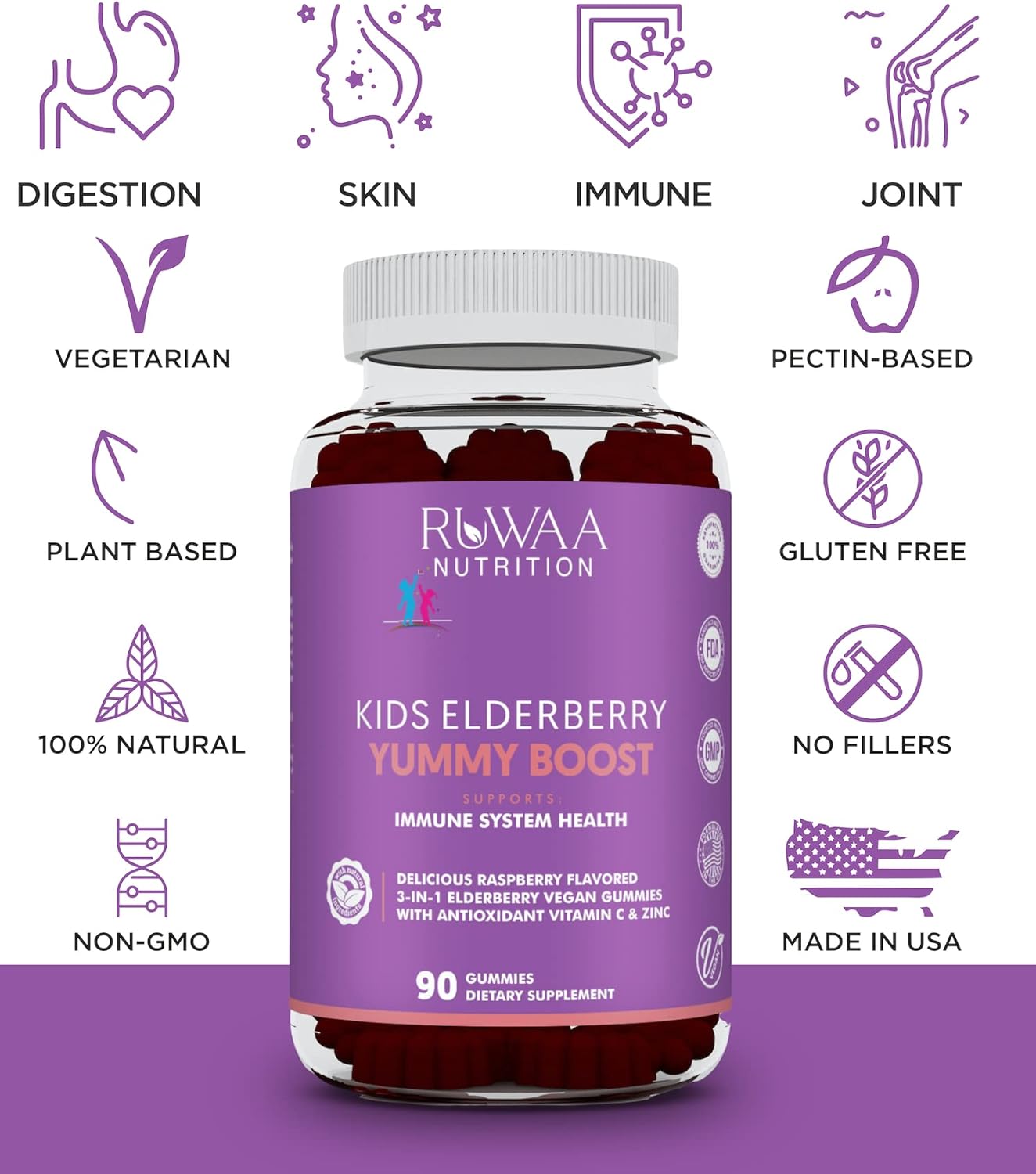 RUWAA NUTRITION Elderberry Gummies for Kids, Vitamin C & Zinc Supplement for Immune Support, Bone, Brain, Lung, Skin, Chewable Children's Immunity Vitamins, Gluten Free, Non-GMO (2)