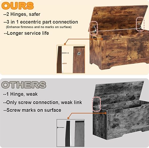 Miniatura 4 de Timberer Baúl de almacenamiento de 31.5 pulgadas, banco de almacenamiento de madera, baúl de almacenamiento superior con 2 bisagras de seguridad,